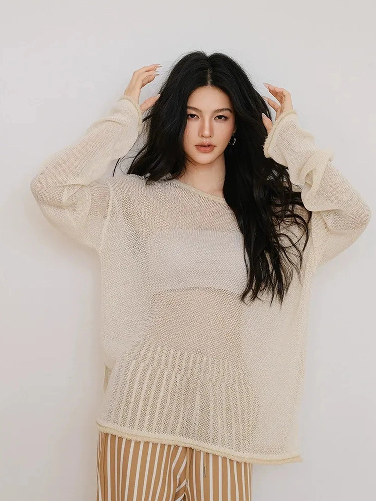 FU FRESH UP Relaxed Slip Stitch Paper Yarn Off Shoulder V-neck T-shirt Long Sleeve