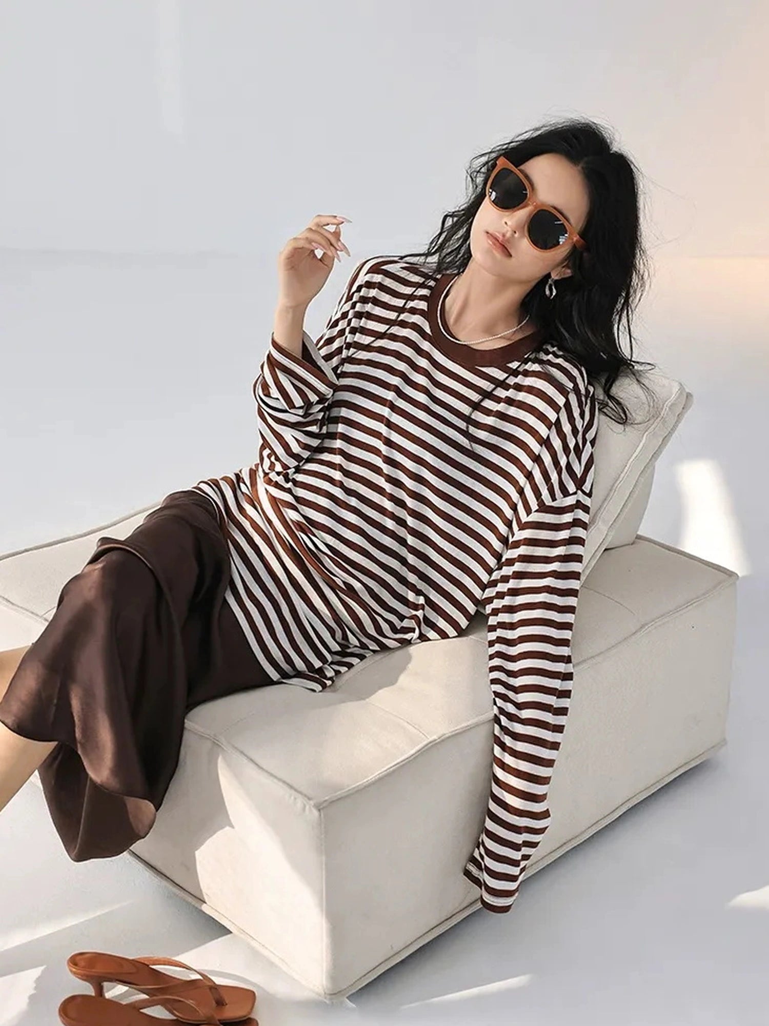 FU FRESH UP Relaxed Stripe Tencel Knit V-neck T-shirt Long Sleeve Tee