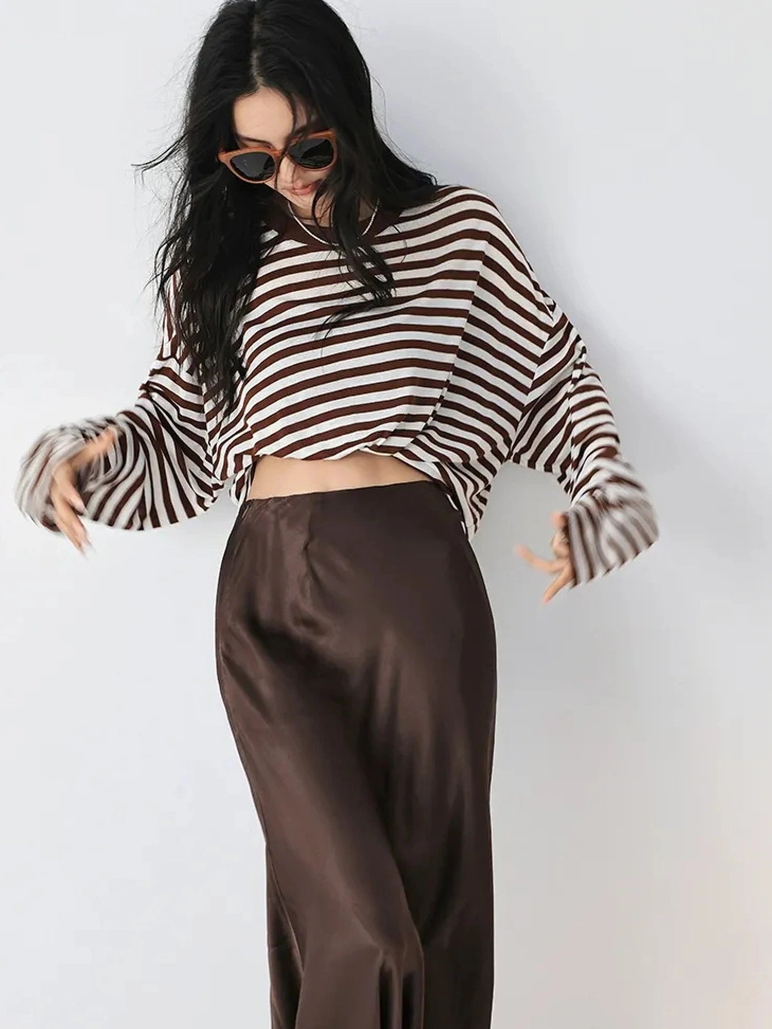 FU FRESH UP Relaxed Stripe Tencel Knit V-neck T-shirt Long Sleeve Tee