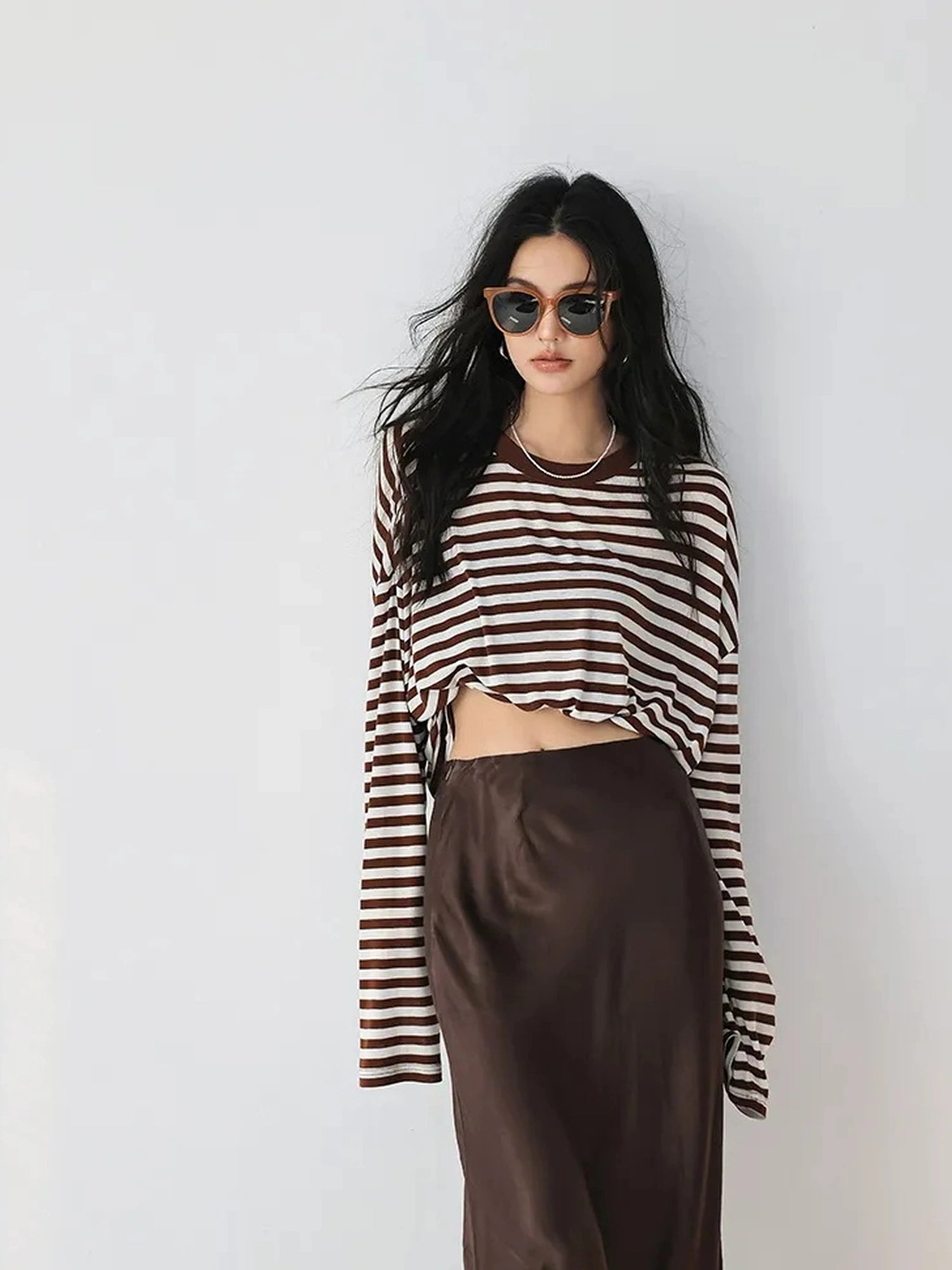 FU FRESH UP Relaxed Stripe Tencel Knit V-neck T-shirt Long Sleeve Tee