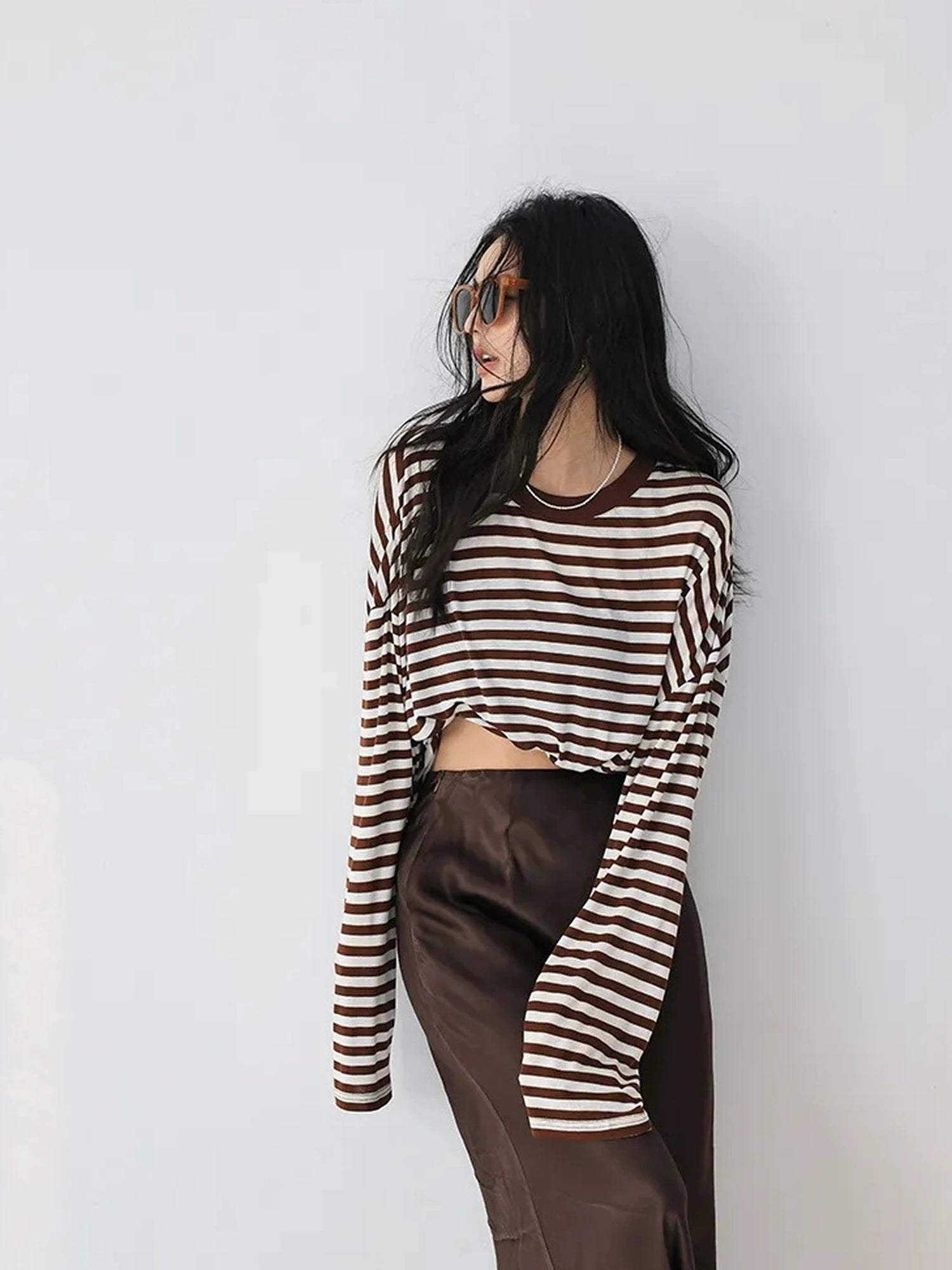 FU FRESH UP Relaxed Stripe Tencel Knit V-neck T-shirt Long Sleeve Tee