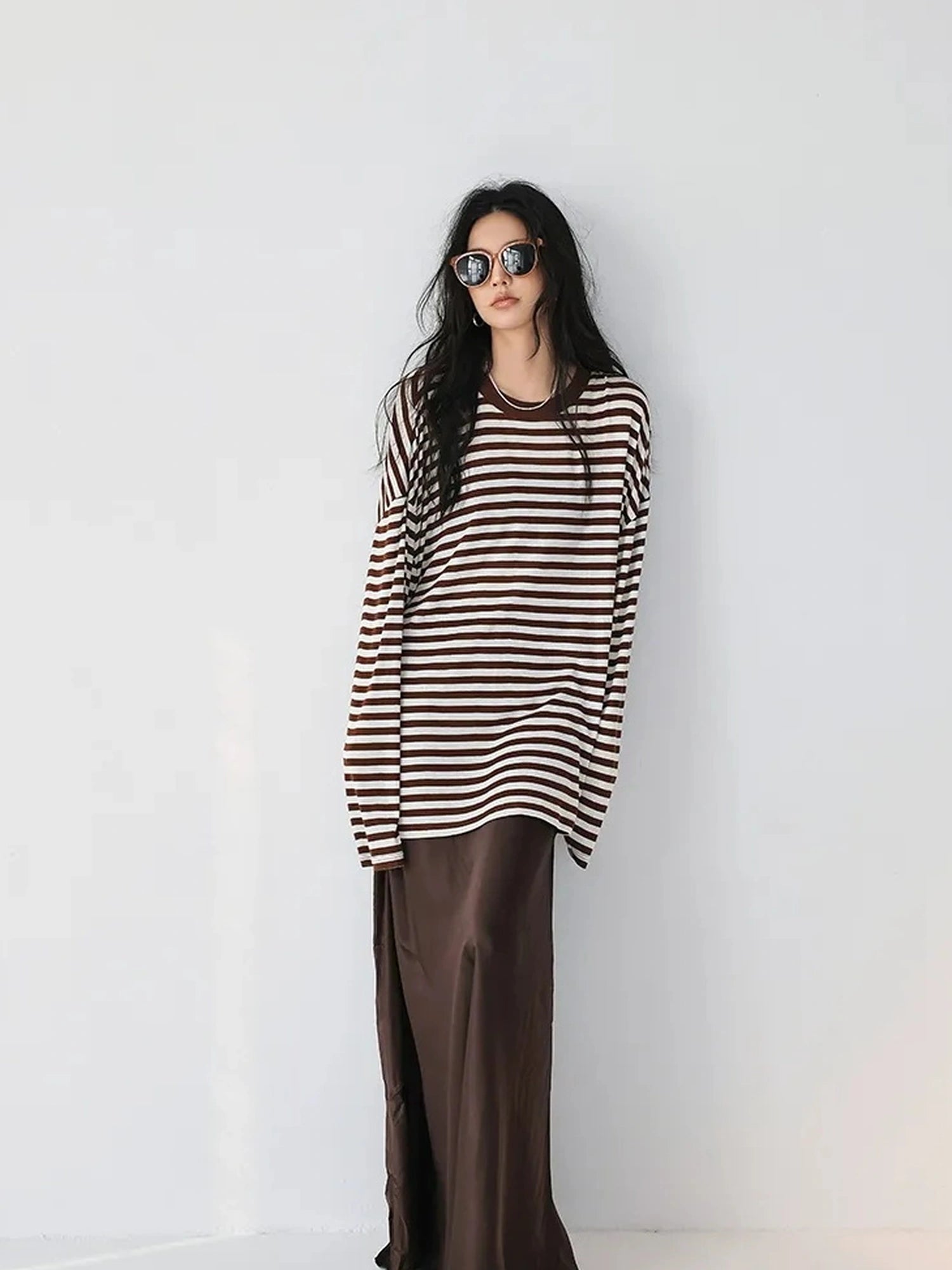 FU FRESH UP Relaxed Stripe Tencel Knit V-neck T-shirt Long Sleeve Tee