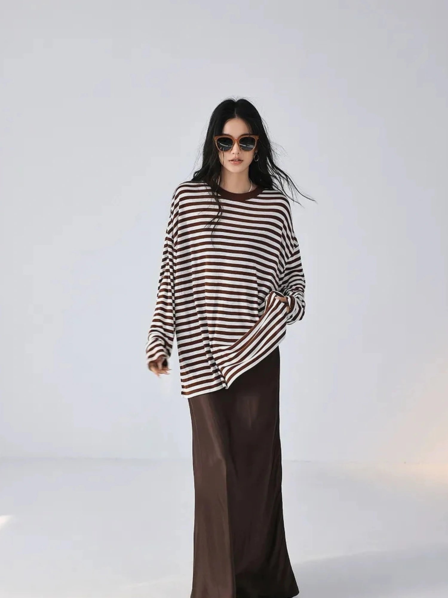 FU FRESH UP Relaxed Stripe Tencel Knit V-neck T-shirt Long Sleeve Tee