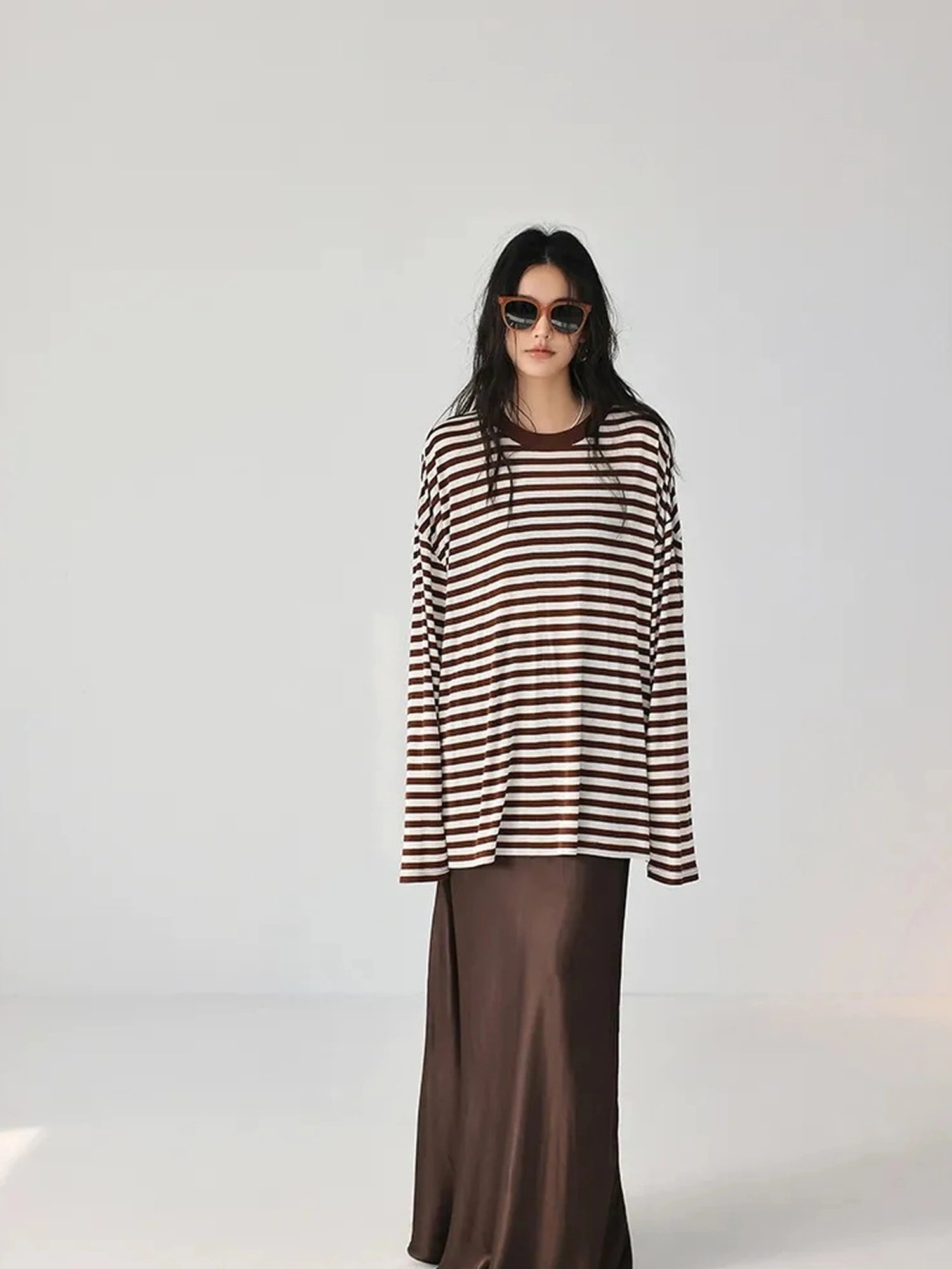 FU FRESH UP Relaxed Stripe Tencel Knit V-neck T-shirt Long Sleeve Tee