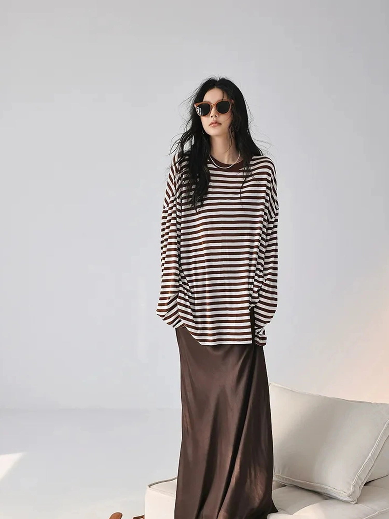 FU FRESH UP Relaxed Stripe Tencel Knit V-neck T-shirt Long Sleeve Tee