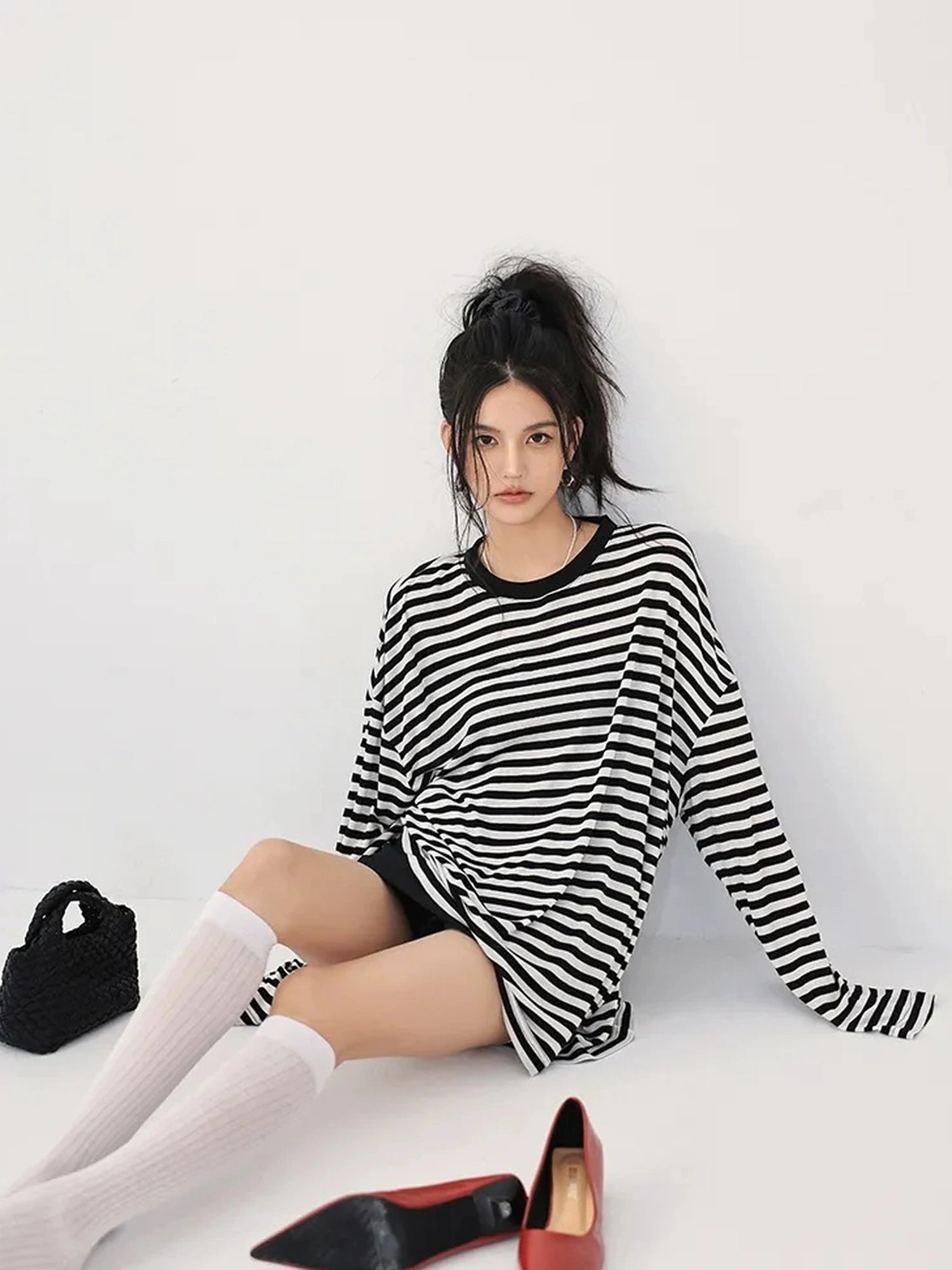 FU FRESH UP Relaxed Stripe Tencel Knit V-neck T-shirt Long Sleeve Tee