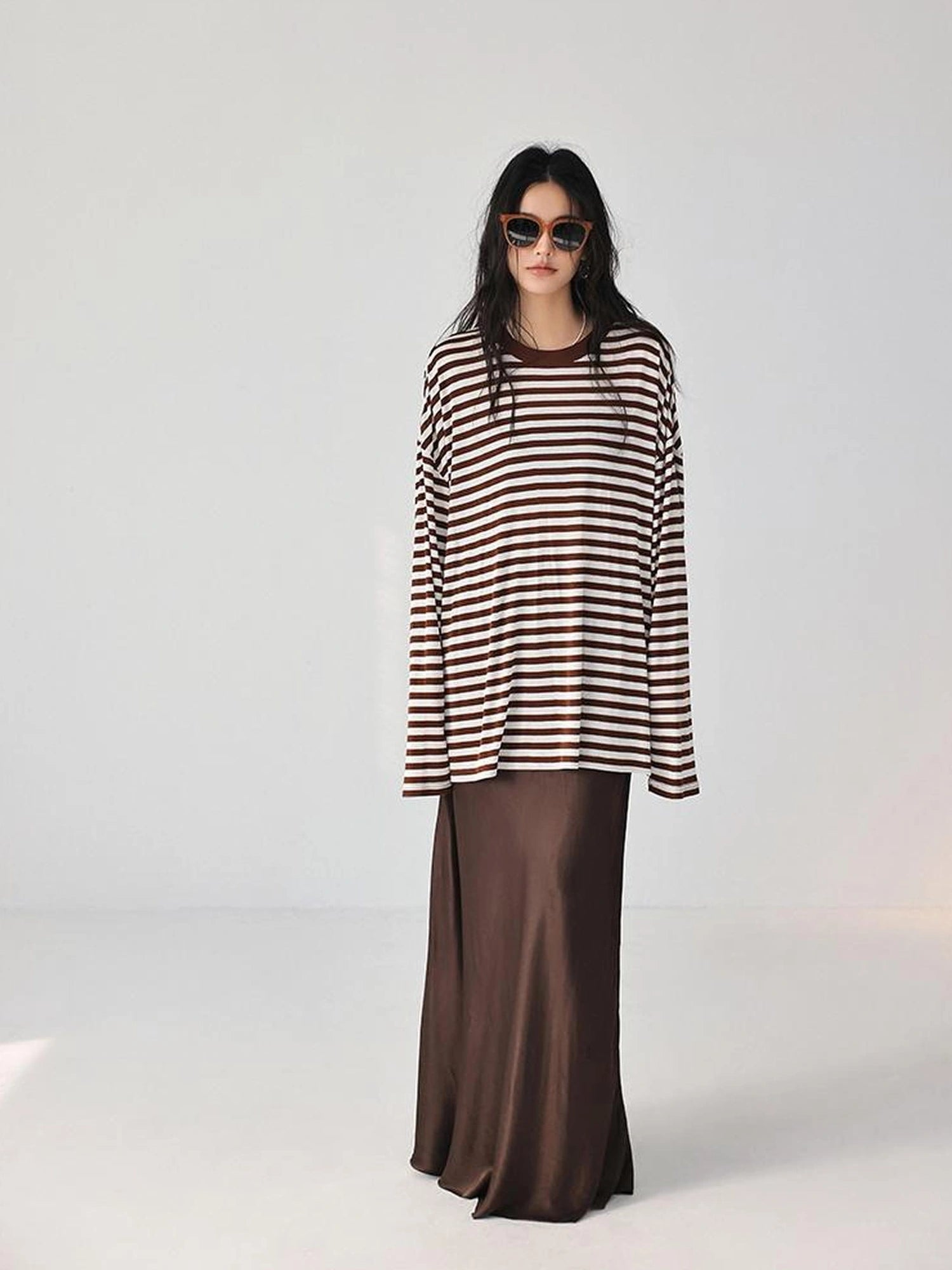 FU FRESH UP Relaxed Stripe Tencel Knit V-neck T-shirt Long Sleeve Tee