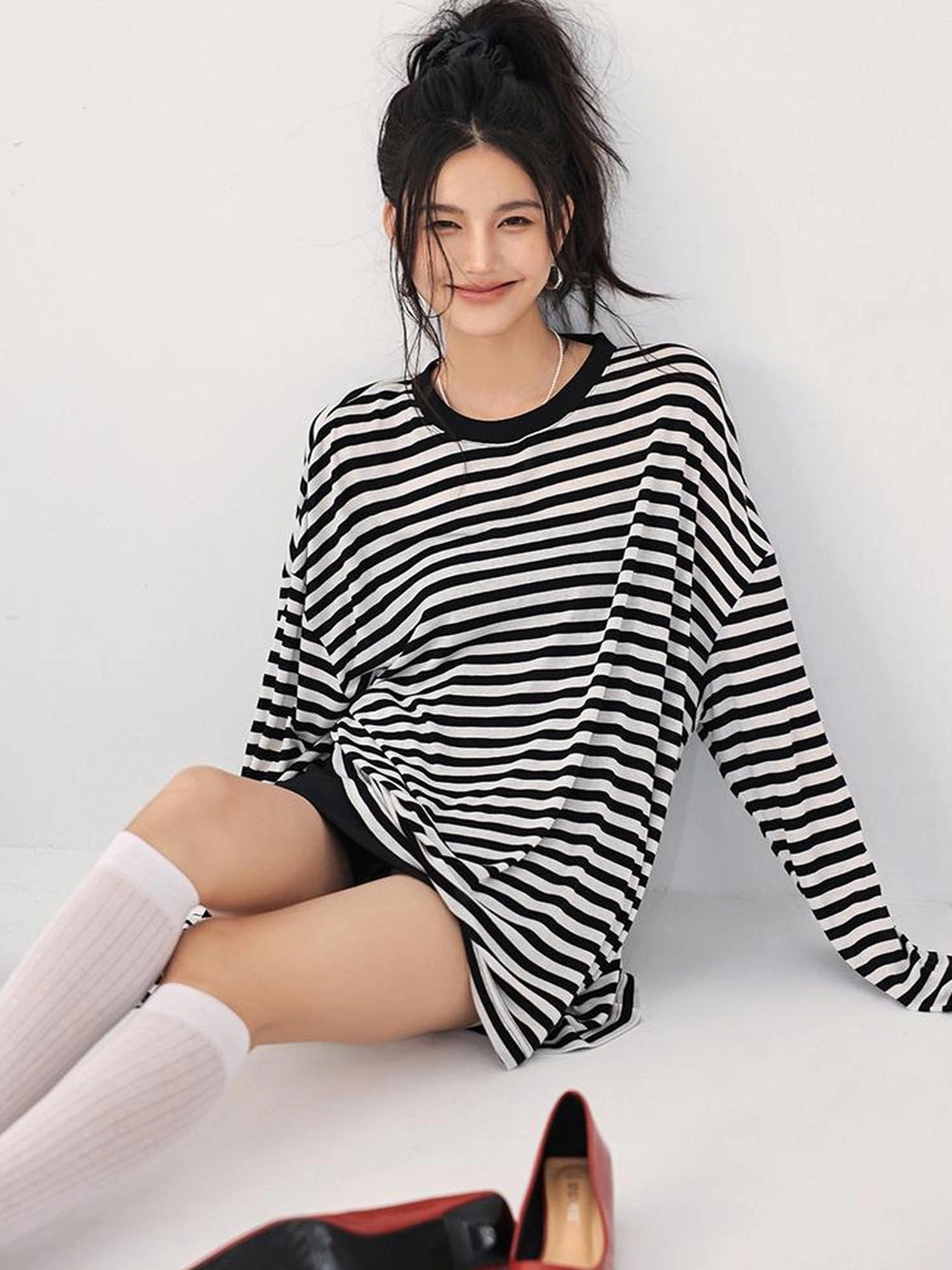 FU FRESH UP Relaxed Stripe Tencel Knit V-neck T-shirt Long Sleeve Tee