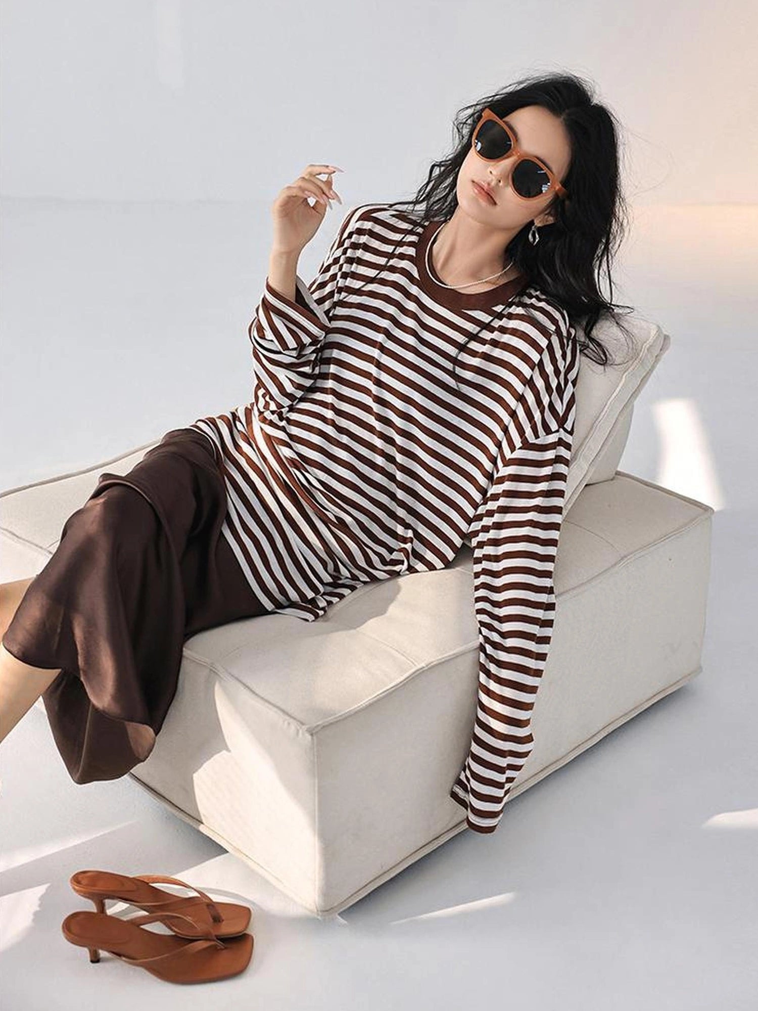 FU FRESH UP Relaxed Stripe Tencel Knit V-neck T-shirt Long Sleeve Tee