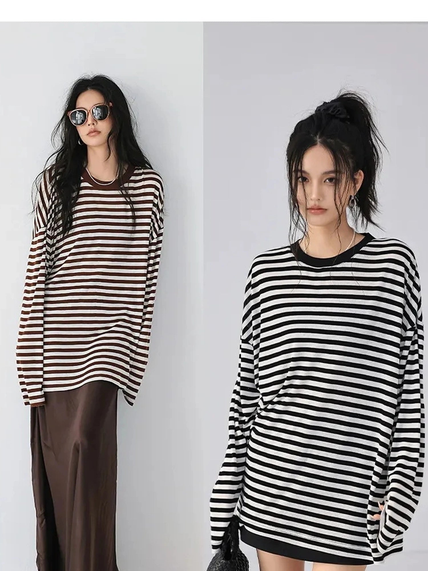 FU FRESH UP Relaxed Stripe Tencel Knit V-neck T-shirt Long Sleeve Tee