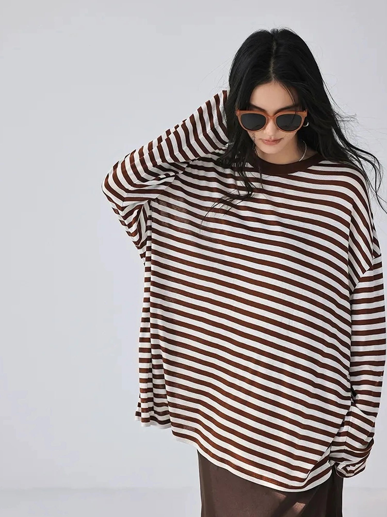 FU FRESH UP Relaxed Stripe Tencel Knit V-neck T-shirt Long Sleeve Tee