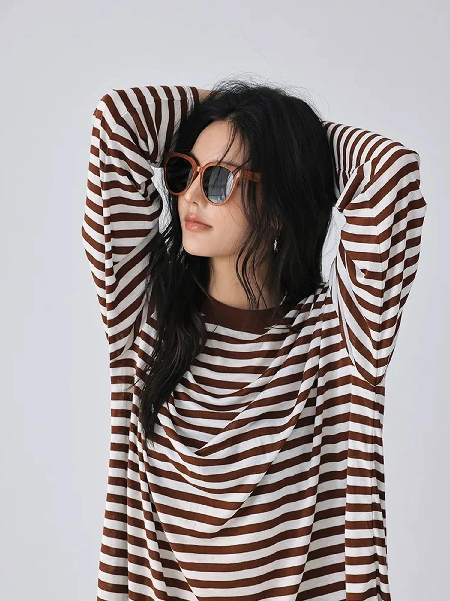 FU FRESH UP Relaxed Stripe Tencel Knit V-neck T-shirt Long Sleeve Tee