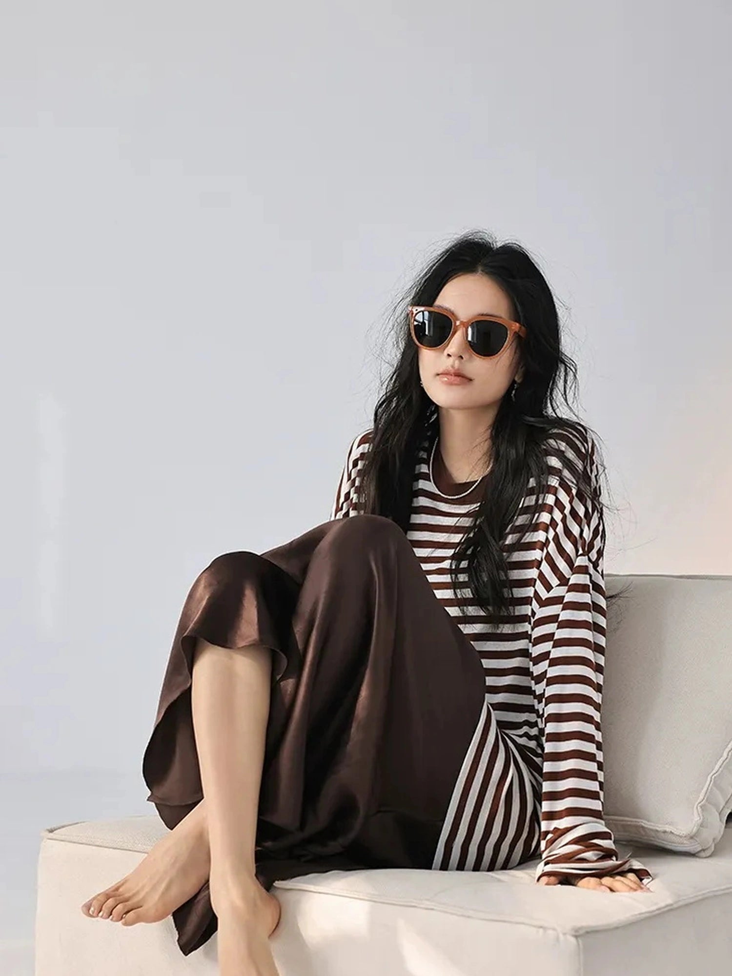 FU FRESH UP Relaxed Stripe Tencel Knit V-neck T-shirt Long Sleeve Tee