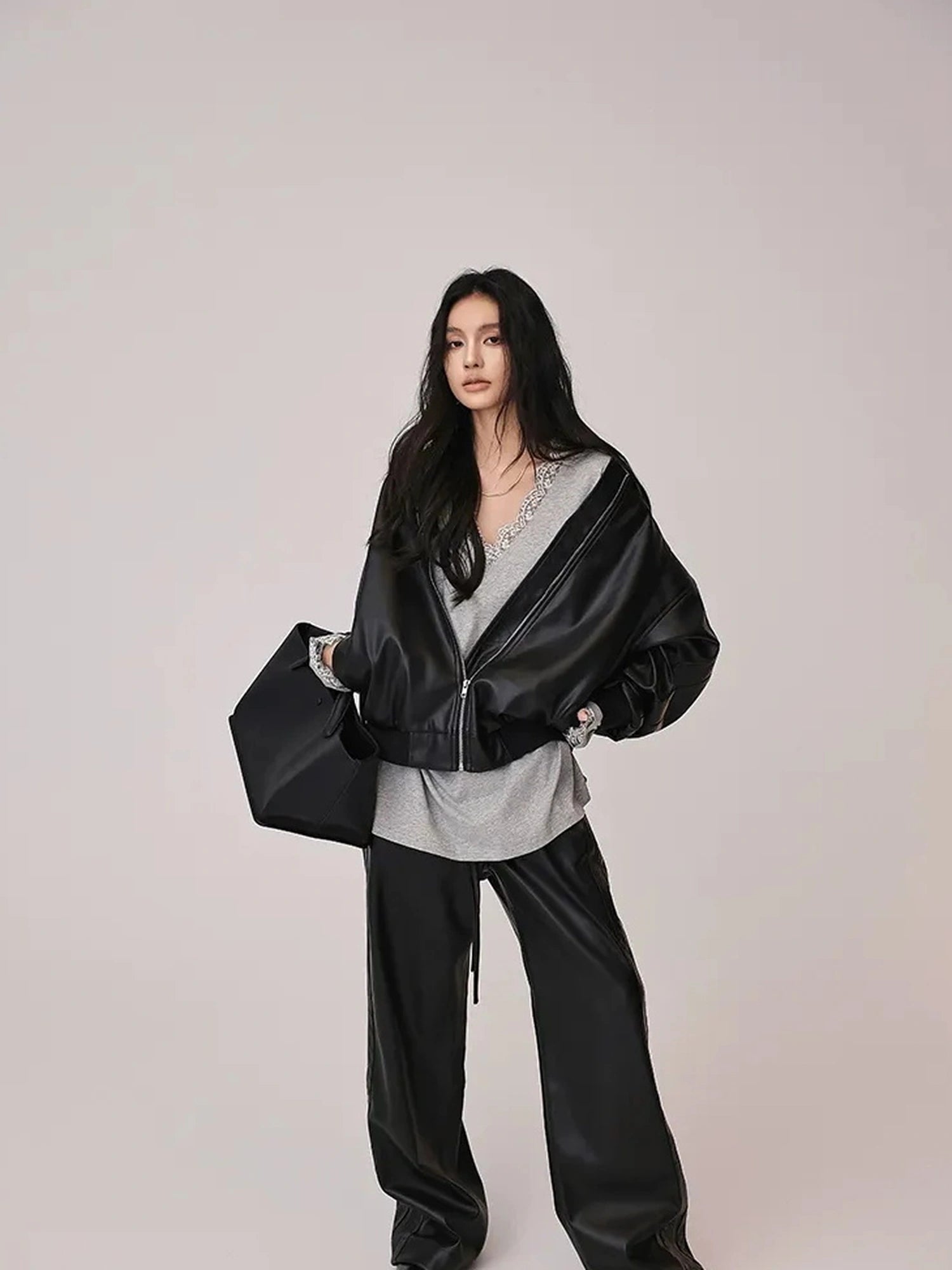 FU FRESH UP Retro Color Block Pu Straight Leg Pants