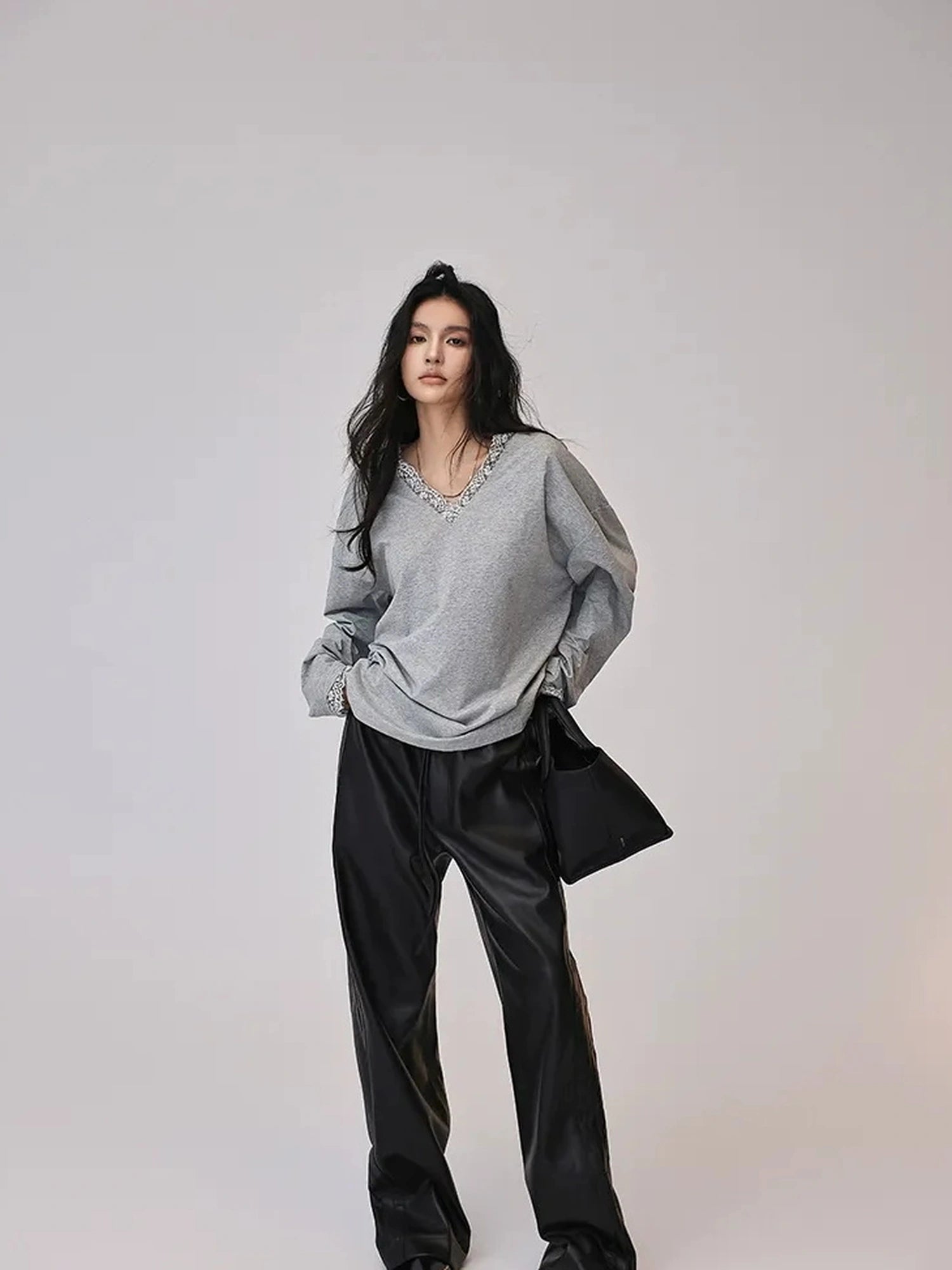 FU FRESH UP Retro Color Block Pu Straight Leg Pants