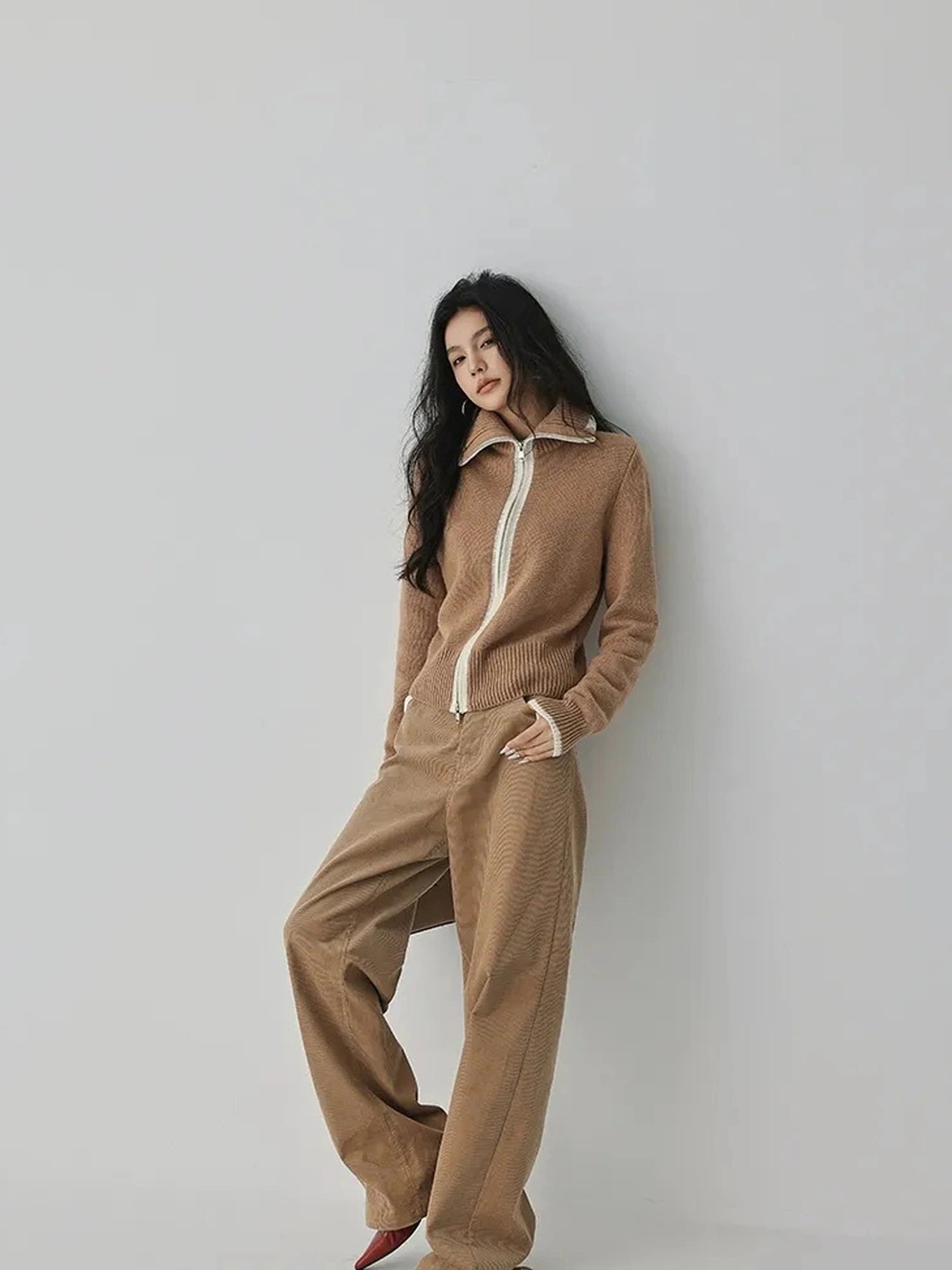 FU FRESH UP Retro Color Block Zip Up Wool Cardigan