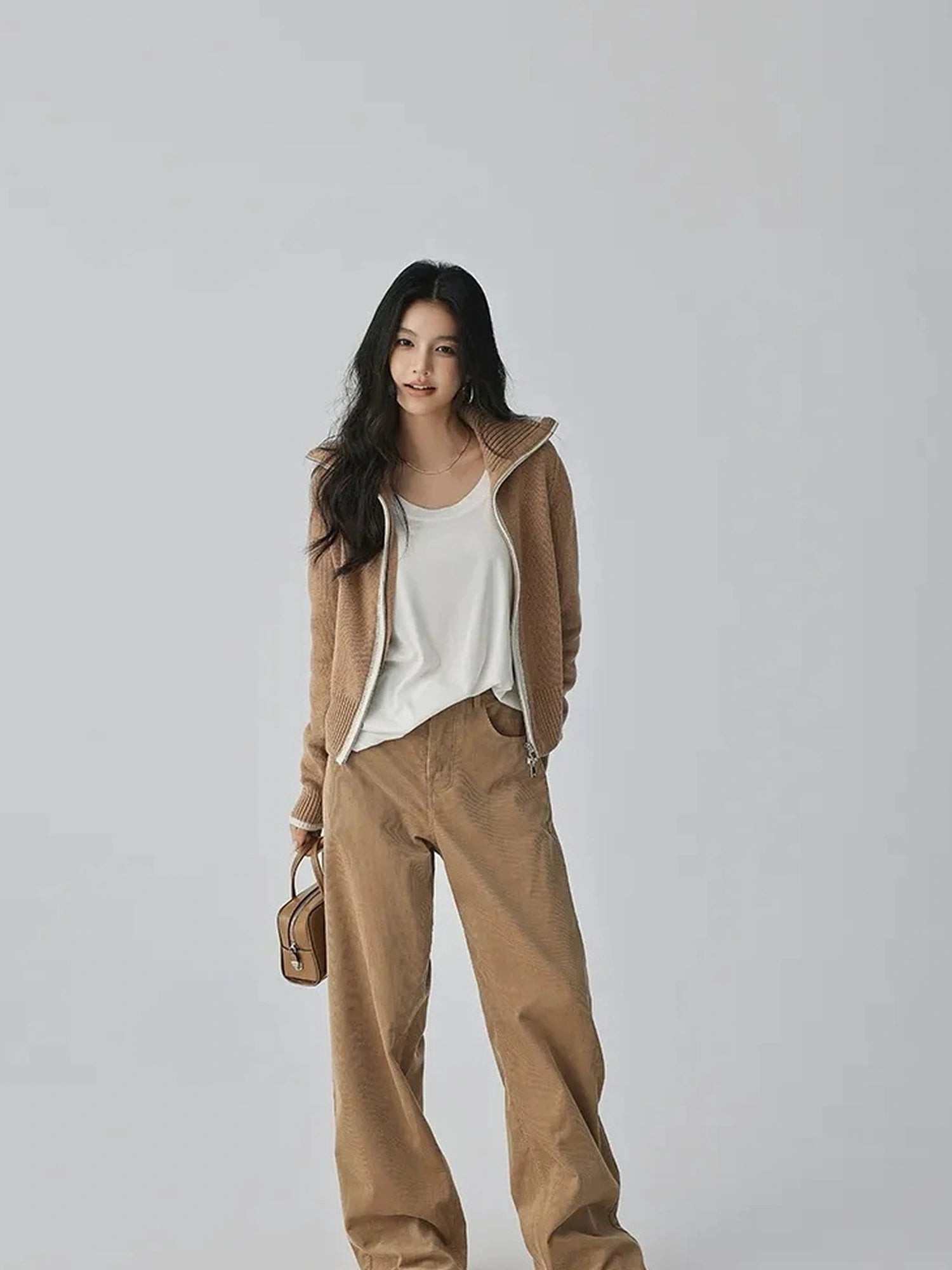 FU FRESH UP Retro Color Block Zip Up Wool Cardigan