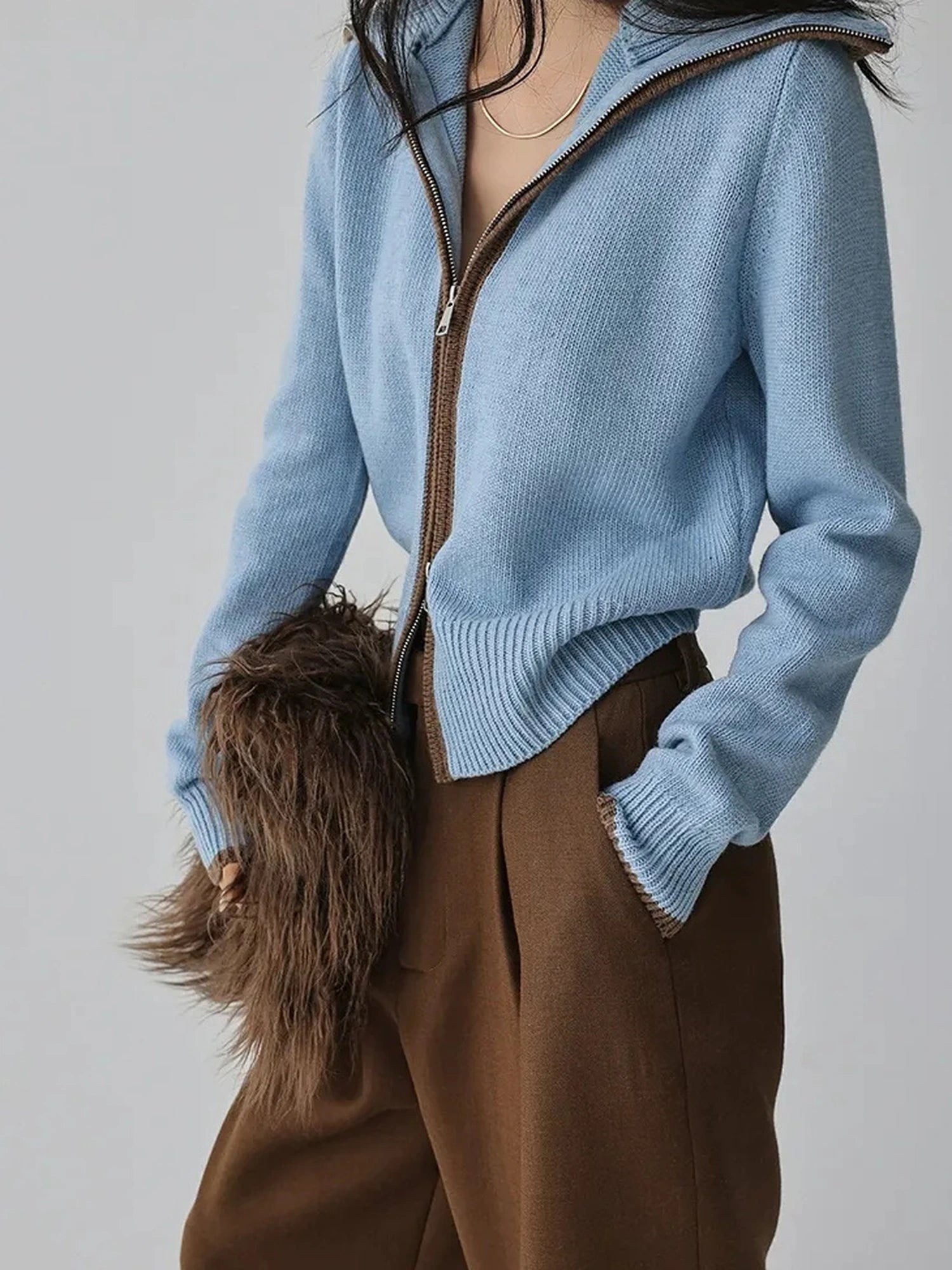 FU FRESH UP Retro Color Block Zip Up Wool Cardigan