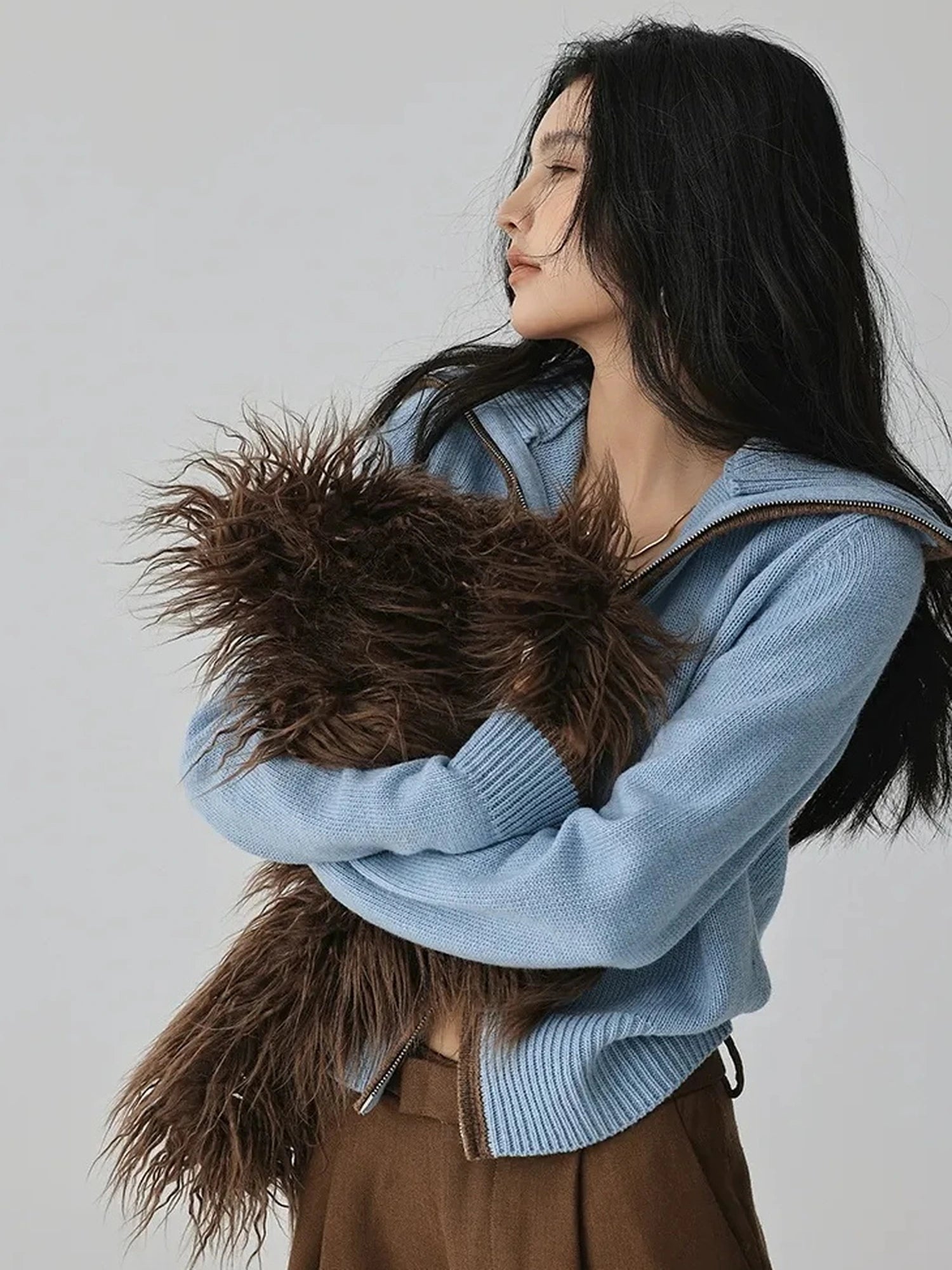 FU FRESH UP Retro Color Block Zip Up Wool Cardigan