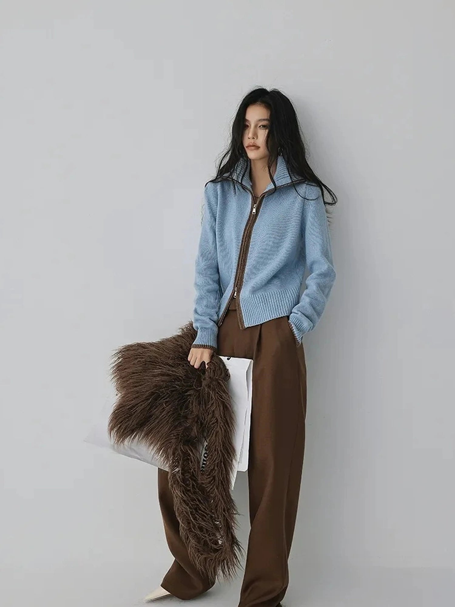FU FRESH UP Retro Color Block Zip Up Wool Cardigan