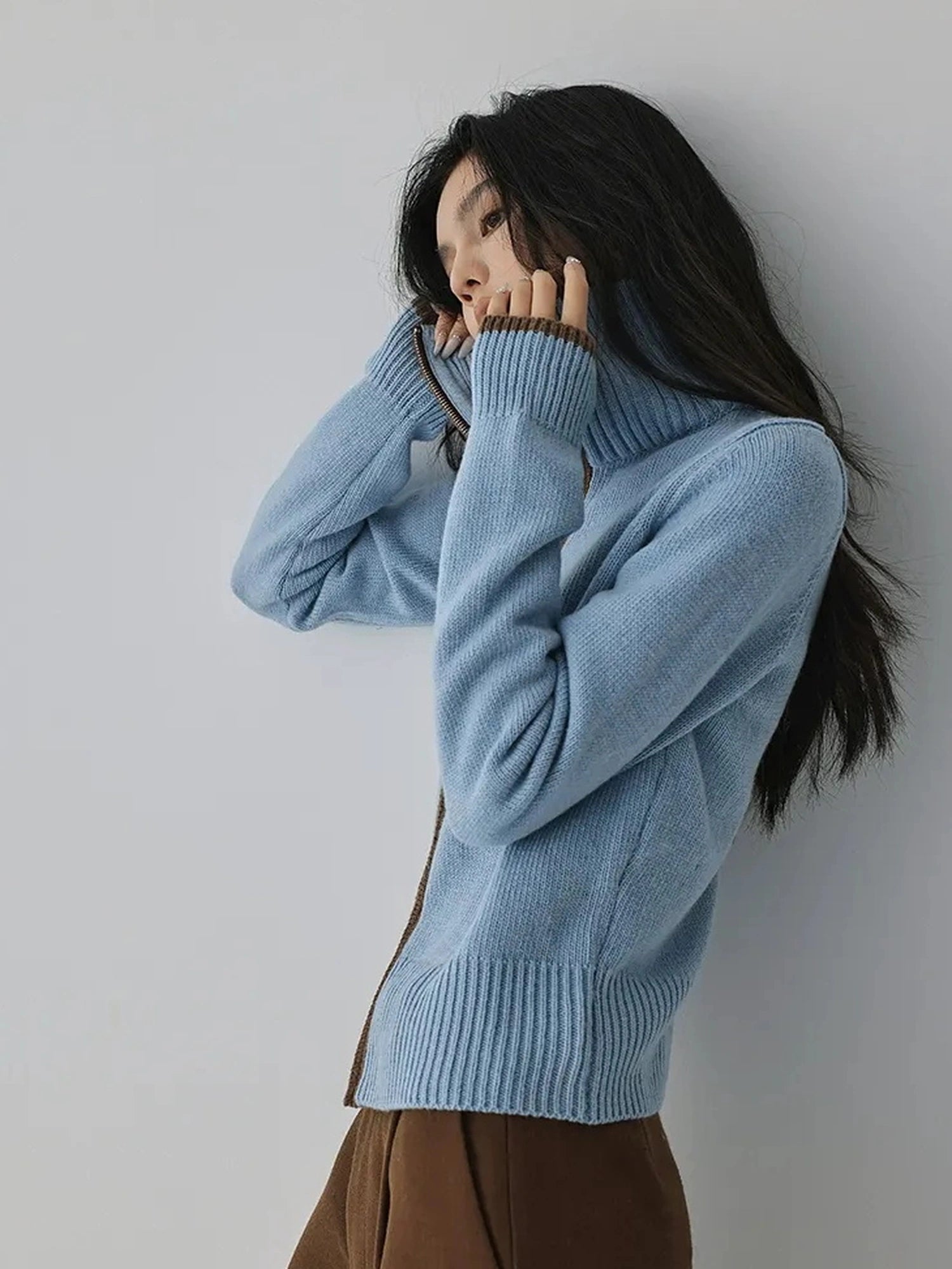 FU FRESH UP Retro Color Block Zip Up Wool Cardigan