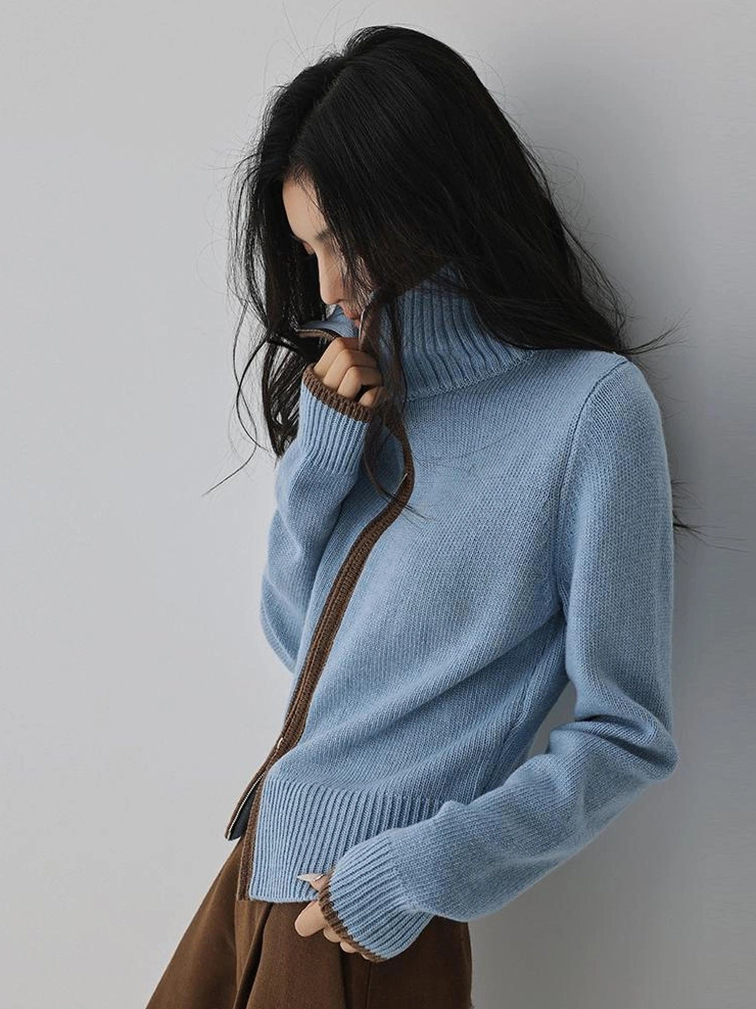 FU FRESH UP Retro Color Block Zip Up Wool Cardigan