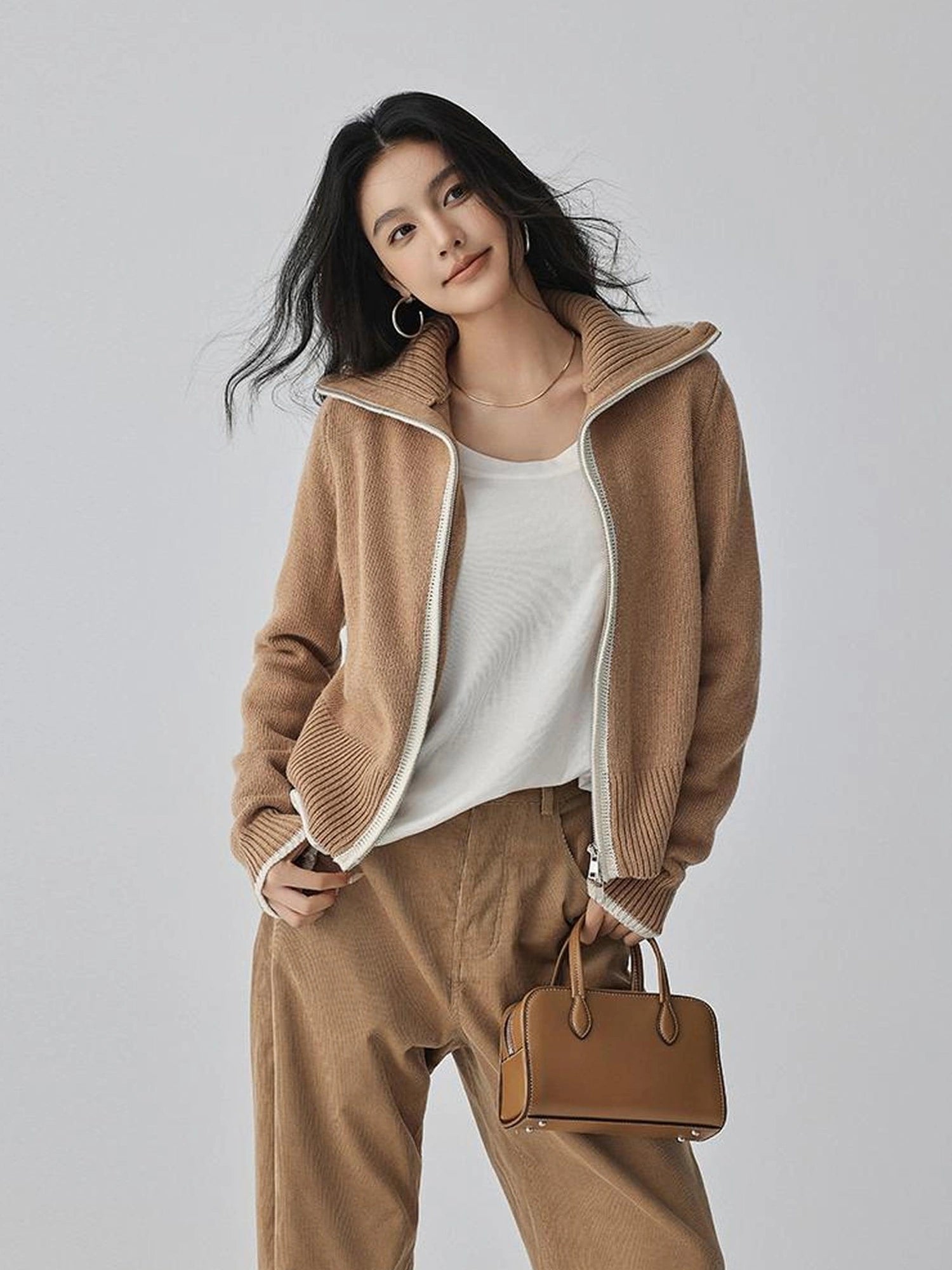 FU FRESH UP Retro Color Block Zip Up Wool Cardigan