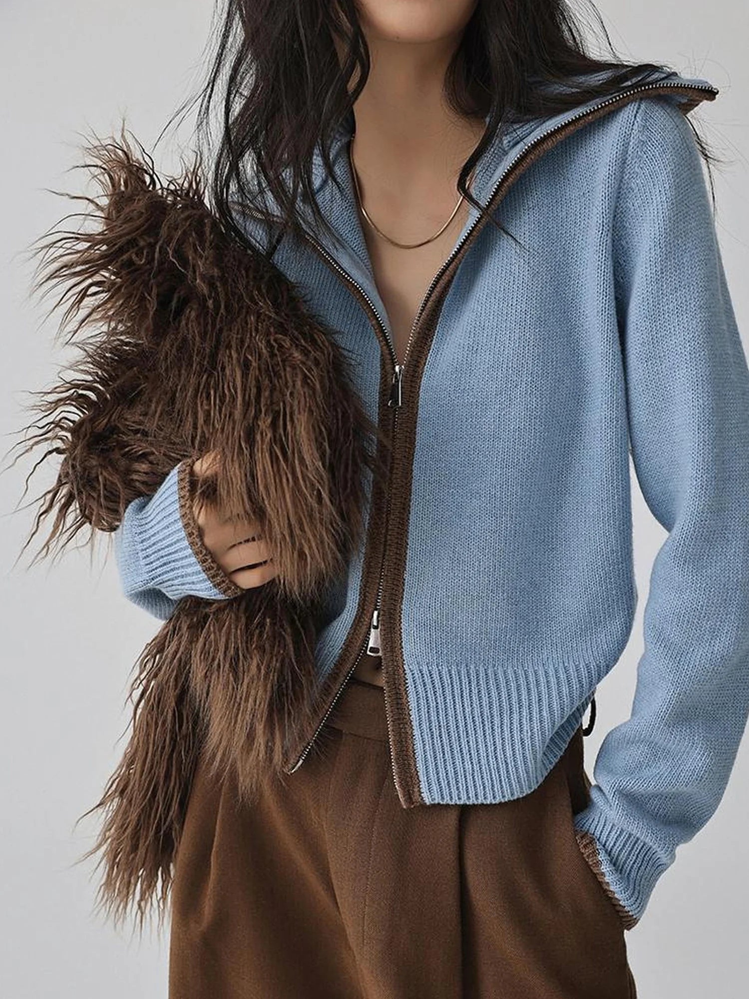 FU FRESH UP Retro Color Block Zip Up Wool Cardigan
