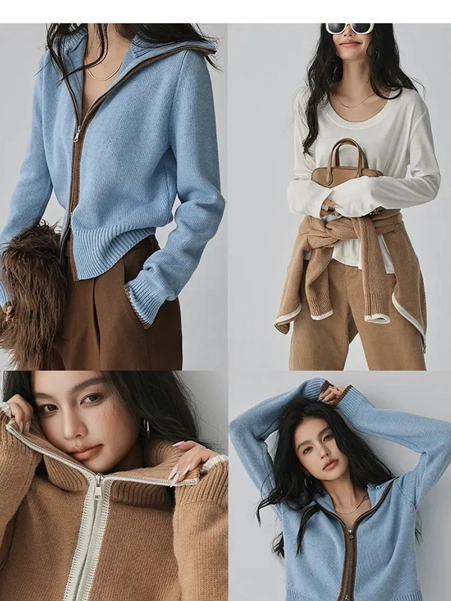 FU FRESH UP Retro Color Block Zip Up Wool Cardigan