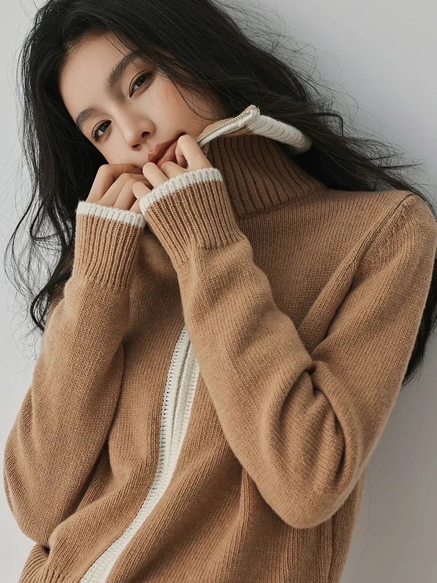 FU FRESH UP Retro Color Block Zip Up Wool Cardigan