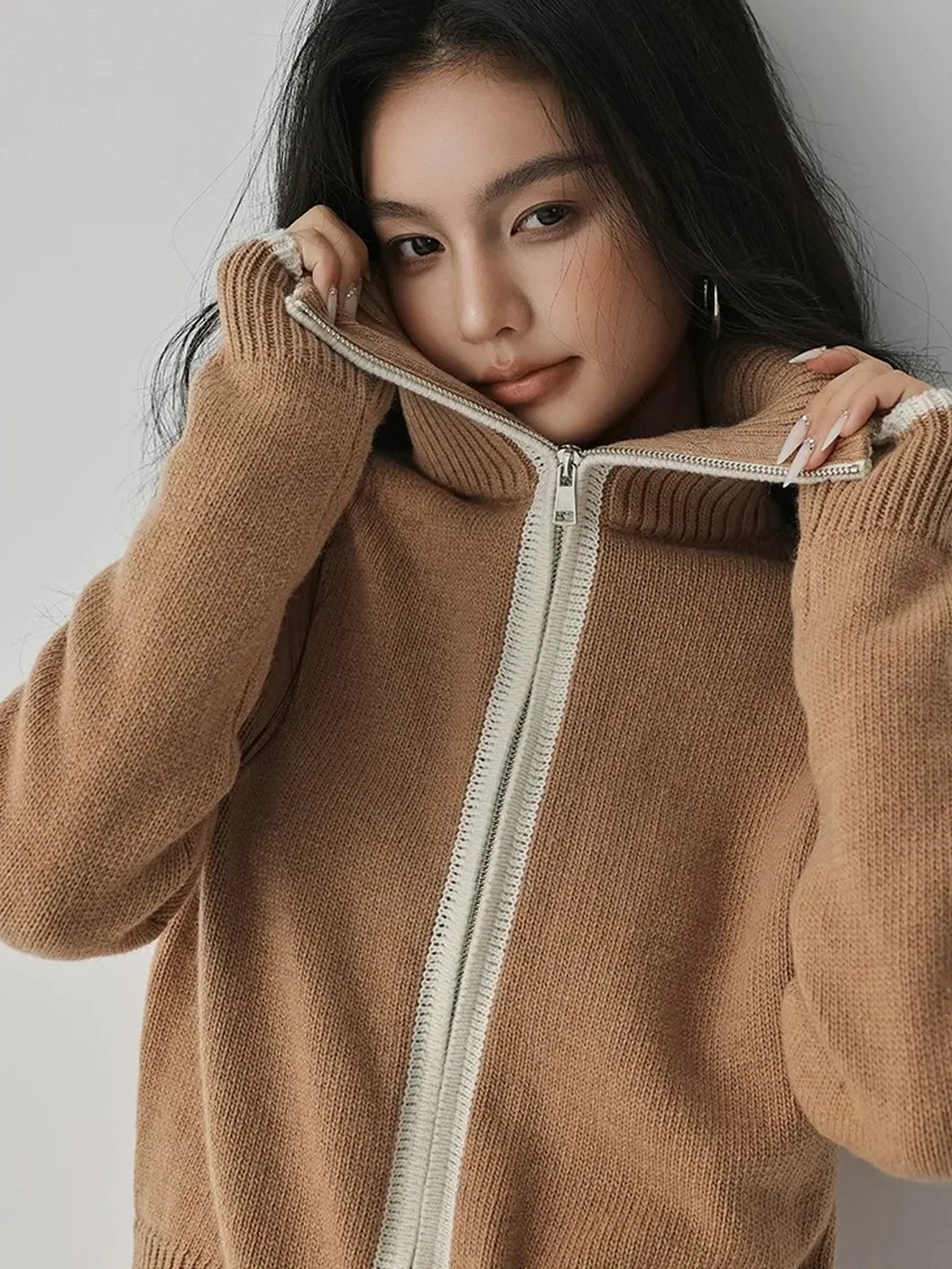 FU FRESH UP Retro Color Block Zip Up Wool Cardigan