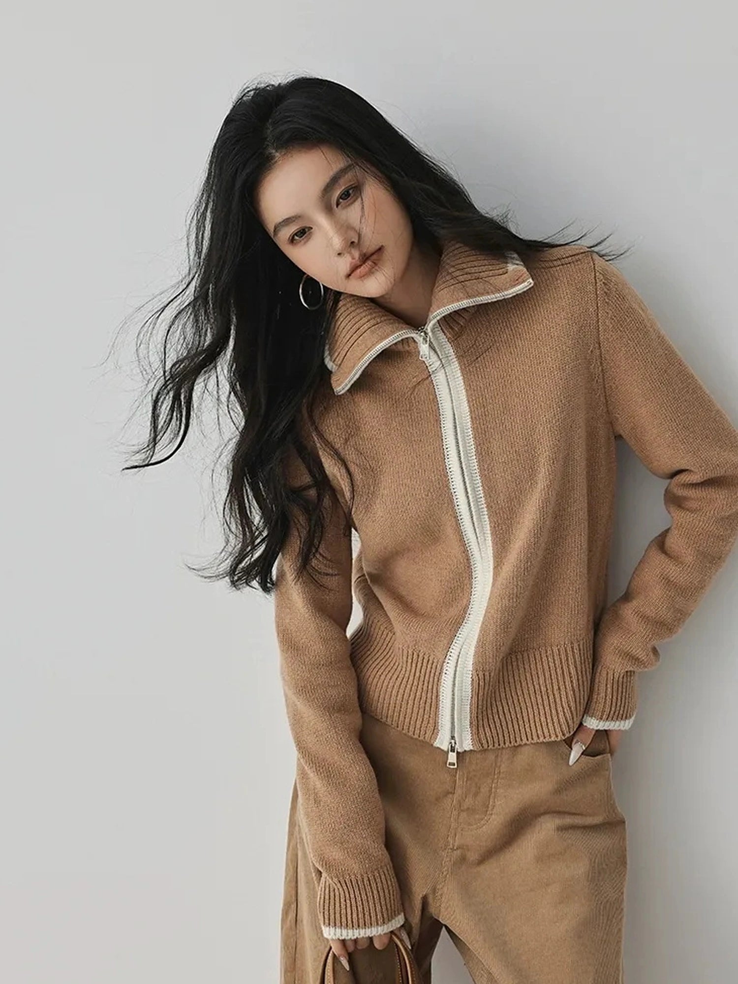 FU FRESH UP Retro Color Block Zip Up Wool Cardigan