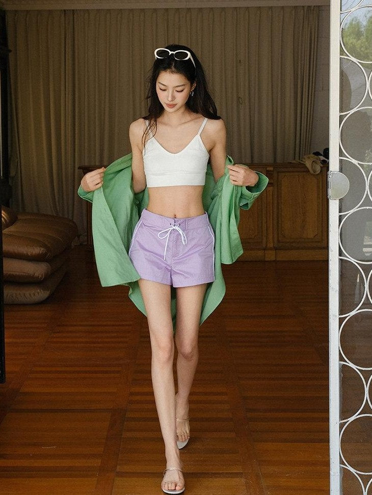 FU FRESH UP Satin Finish Nylon Colorblock Drawstring Mid Waist Slim Women&