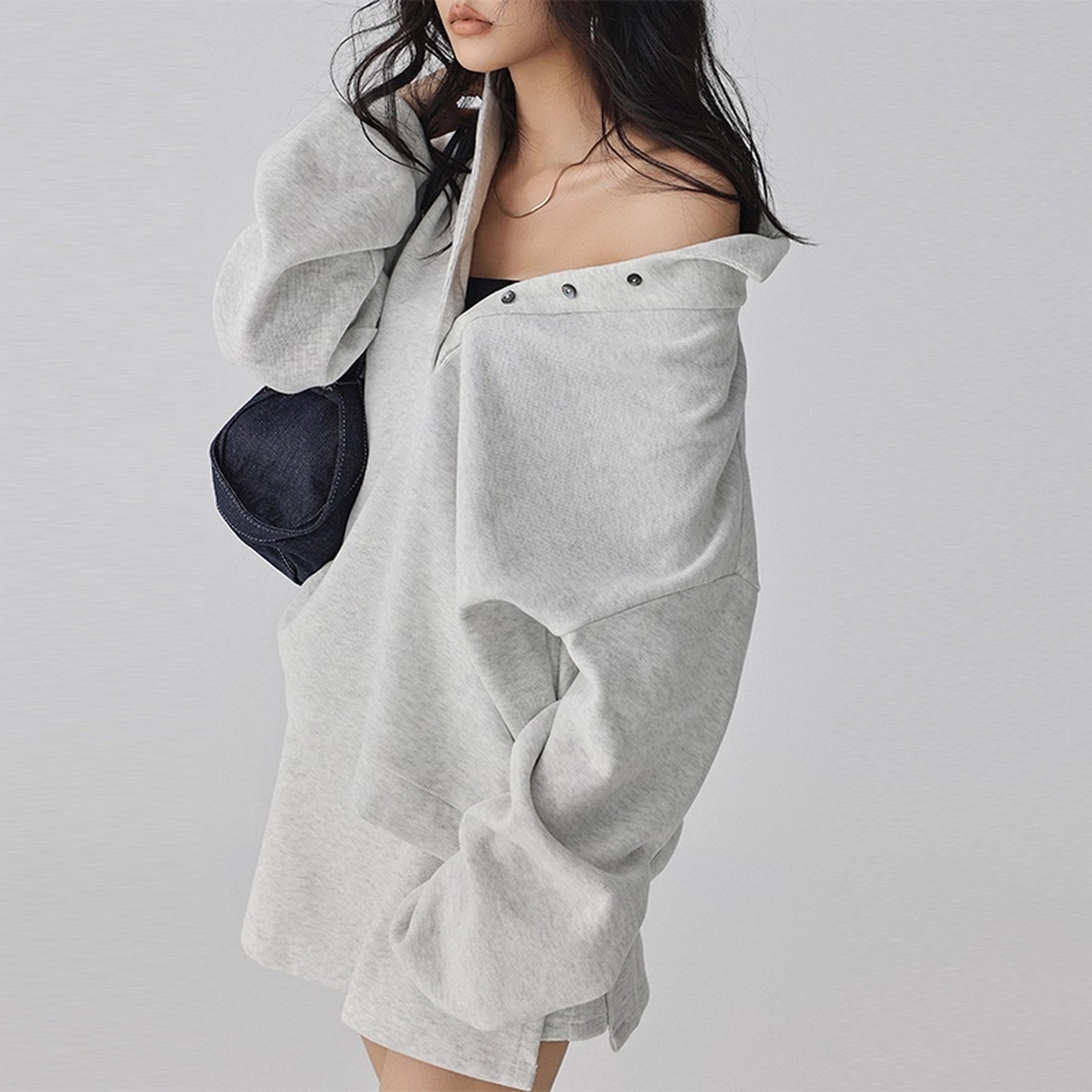 FU_FRESH_UP_Semi_High_Neck_Button_Down_Collar_Sweatshirt_Shorts_Set_MISSTT
