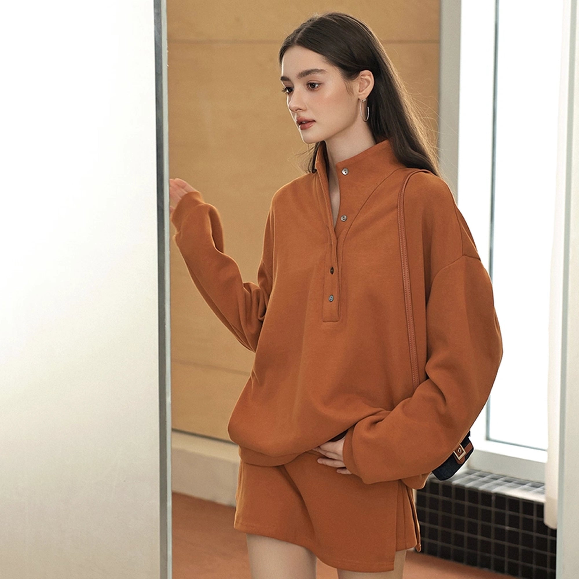 FU_FRESH_UP_Semi_High_Neck_Button_Down_Collar_Sweatshirt_Shorts_Set_MISSTT