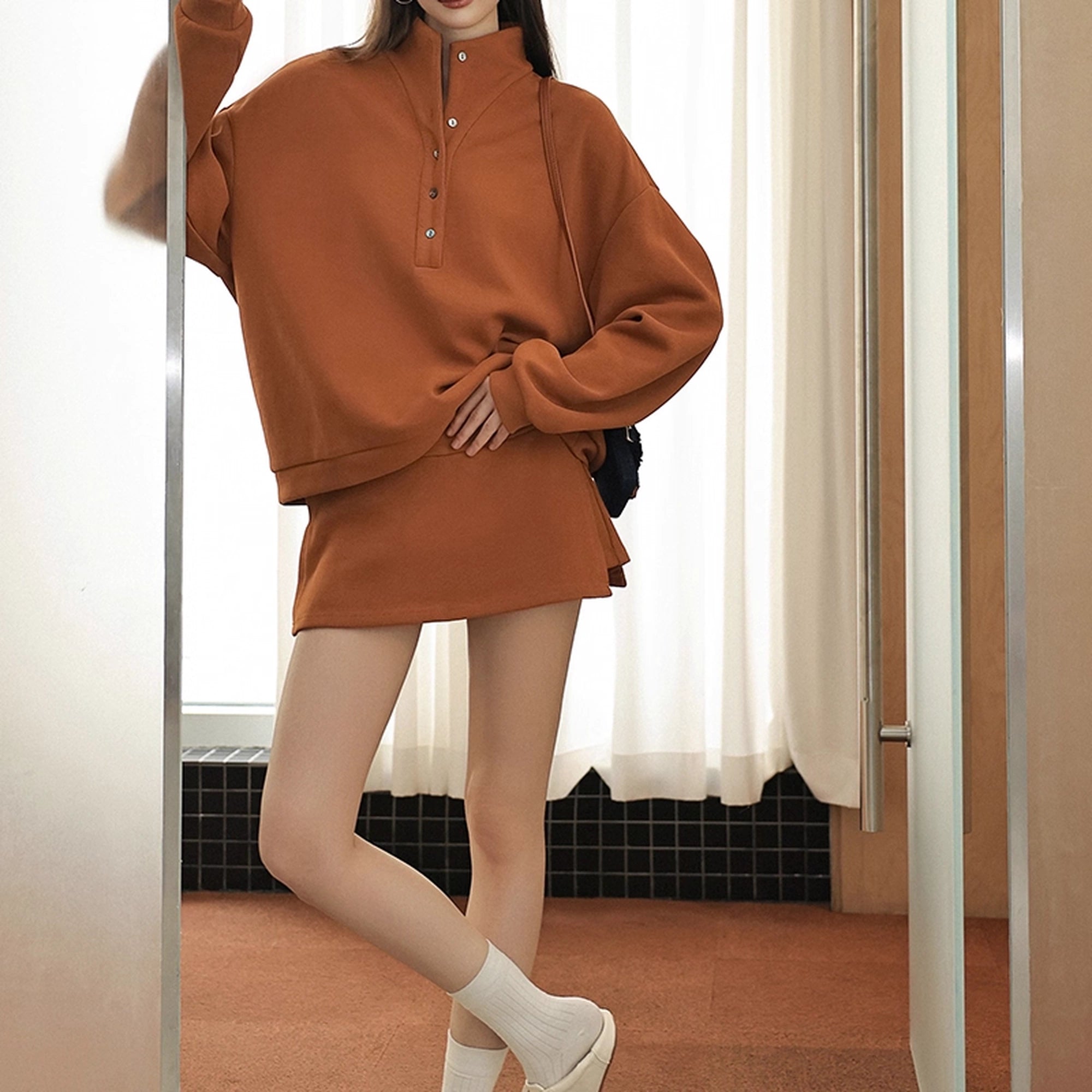 FU_FRESH_UP_Semi_High_Neck_Button_Down_Collar_Sweatshirt_Shorts_Set_MISSTT