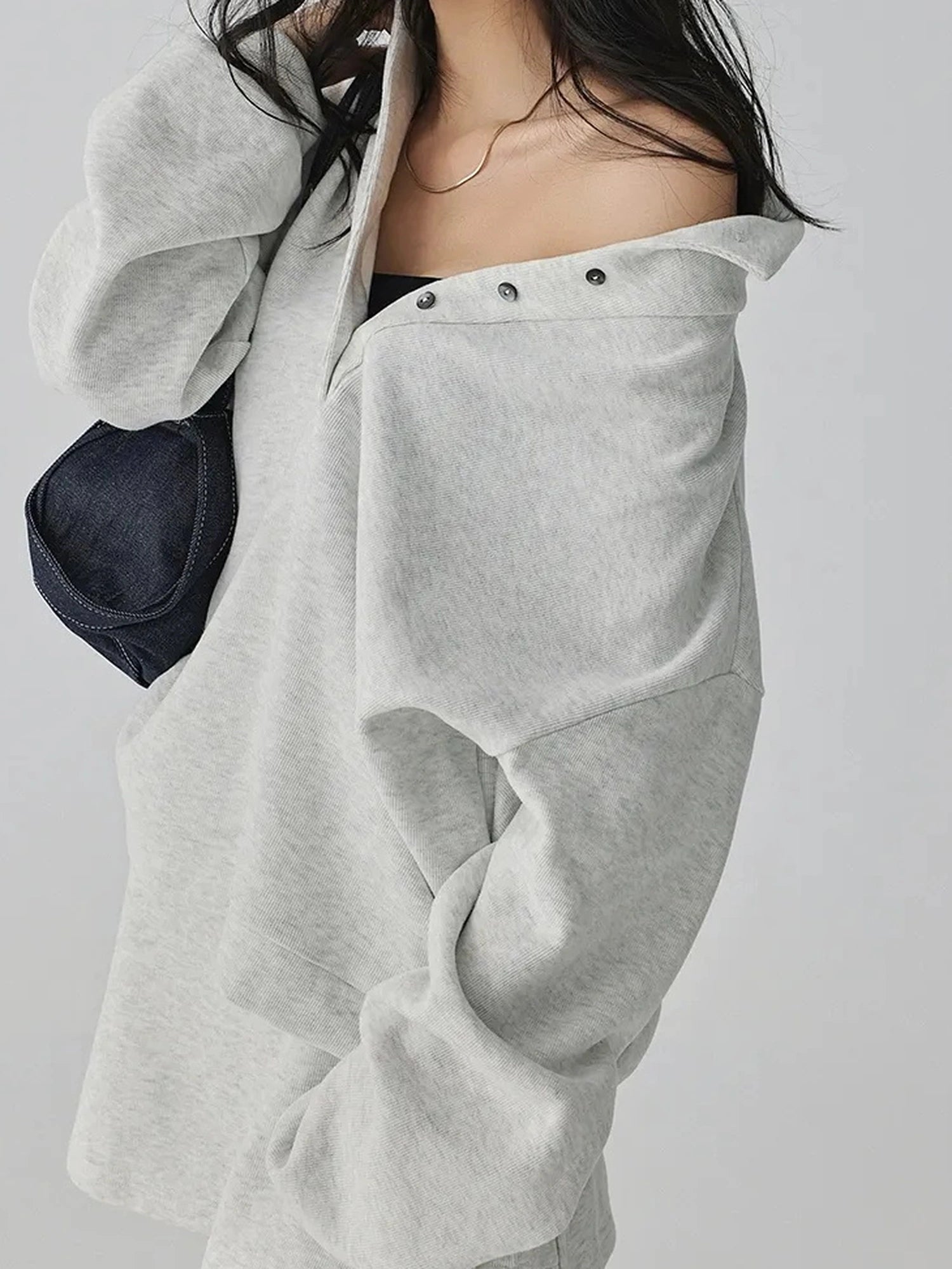 FU FRESH UP Semi High Neck Button Down Collar Sweatshirt Shorts Set