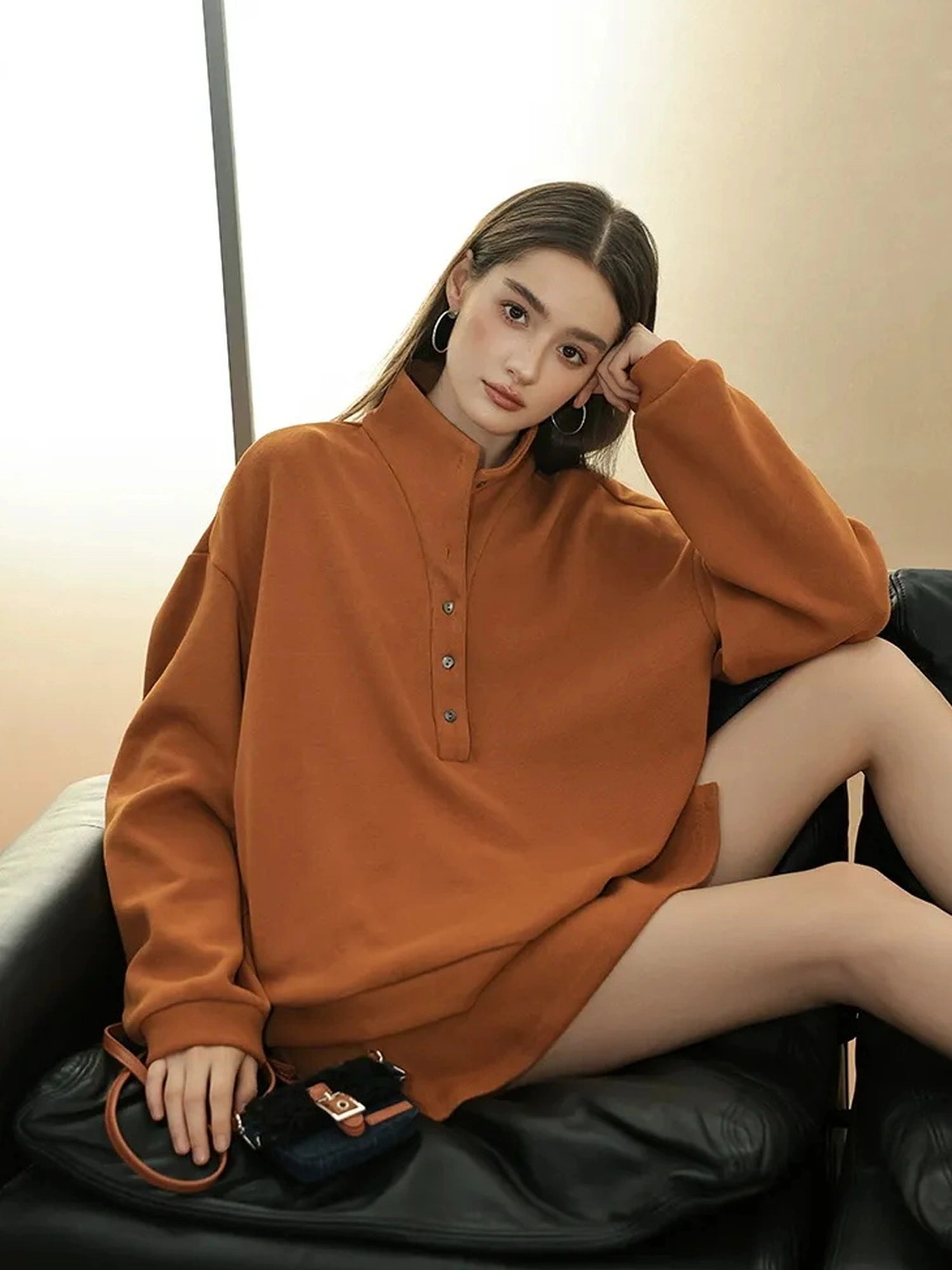 FU FRESH UP Semi High Neck Button Down Collar Sweatshirt Shorts Set