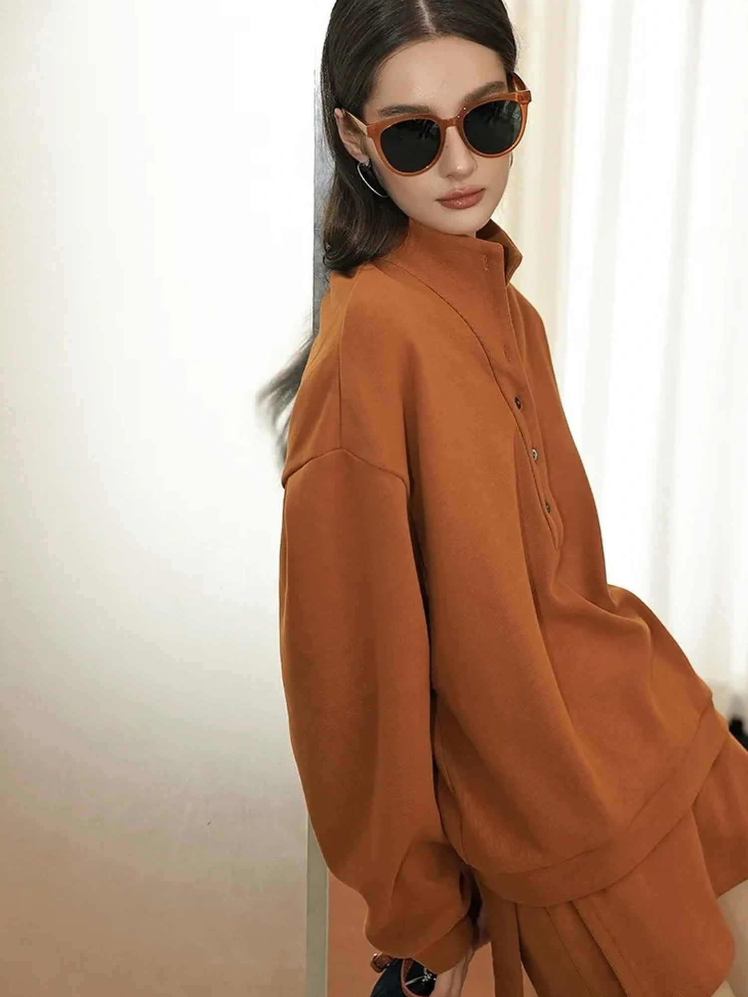 FU FRESH UP Semi High Neck Button Down Collar Sweatshirt Shorts Set