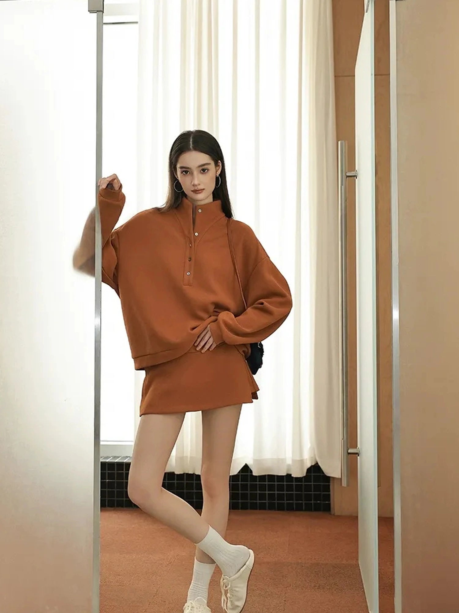 FU FRESH UP Semi High Neck Button Down Collar Sweatshirt Shorts Set