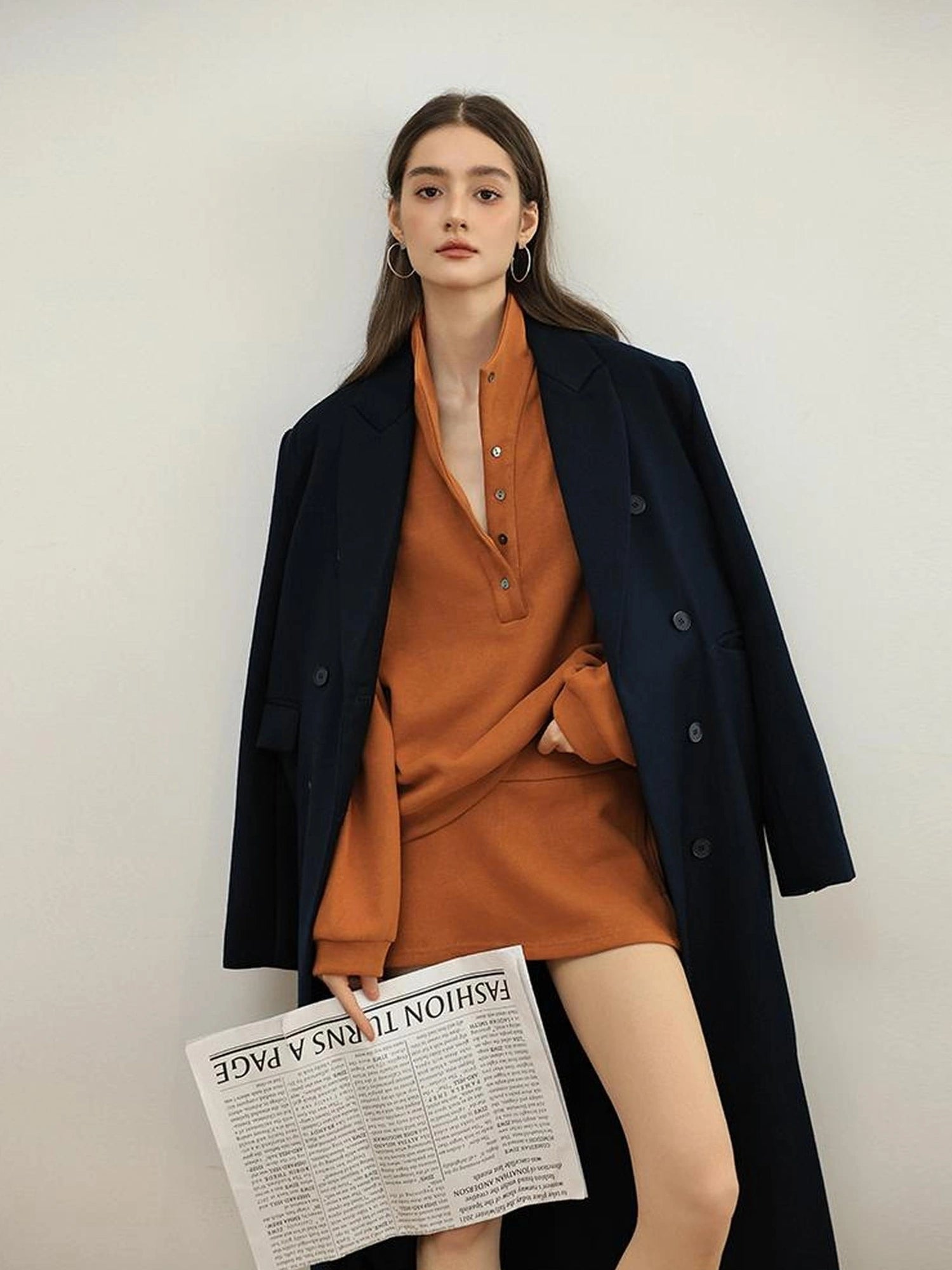 FU FRESH UP Semi High Neck Button Down Collar Sweatshirt Shorts Set