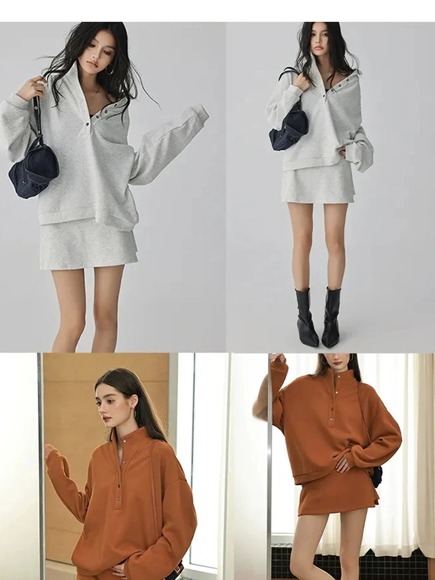 FU FRESH UP Semi High Neck Button Down Collar Sweatshirt Shorts Set