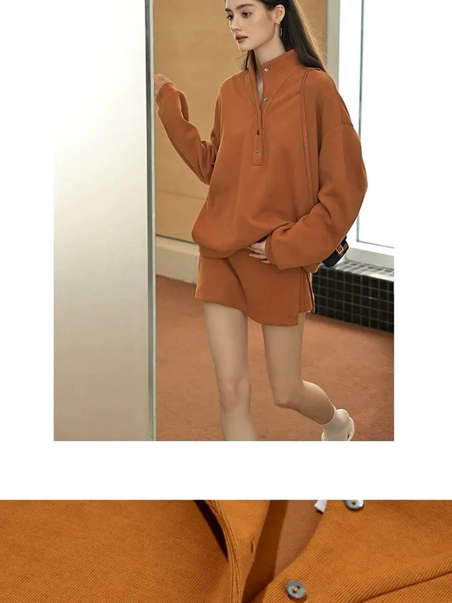 FU FRESH UP Semi High Neck Button Down Collar Sweatshirt Shorts Set