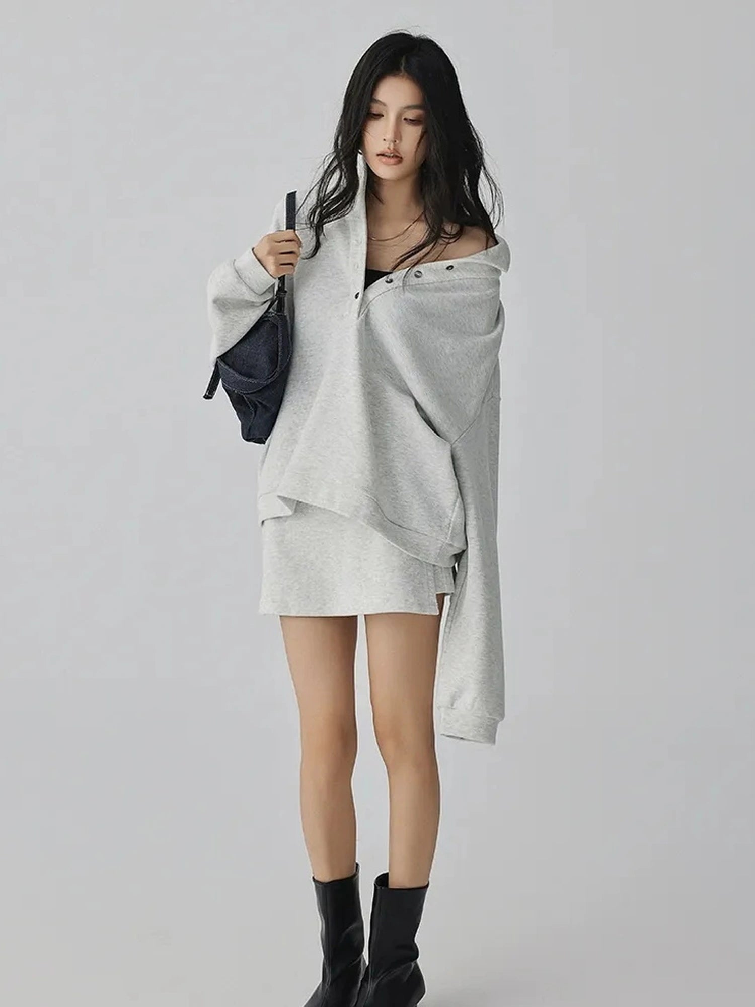 FU FRESH UP Semi High Neck Button Down Collar Sweatshirt Shorts Set