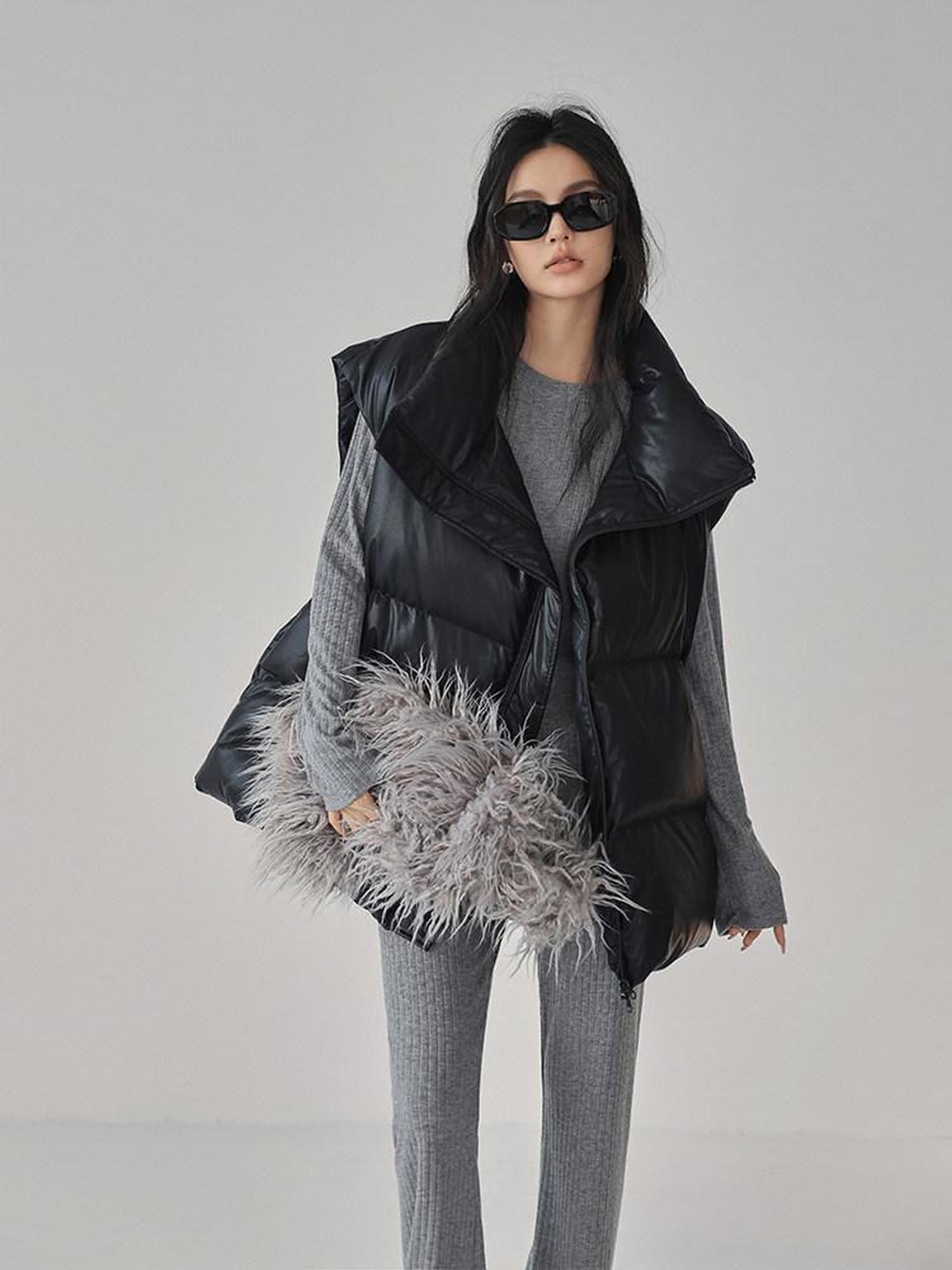FU FRESH UP Sheepskin Texture Stand Collar 90 White Duck Women&