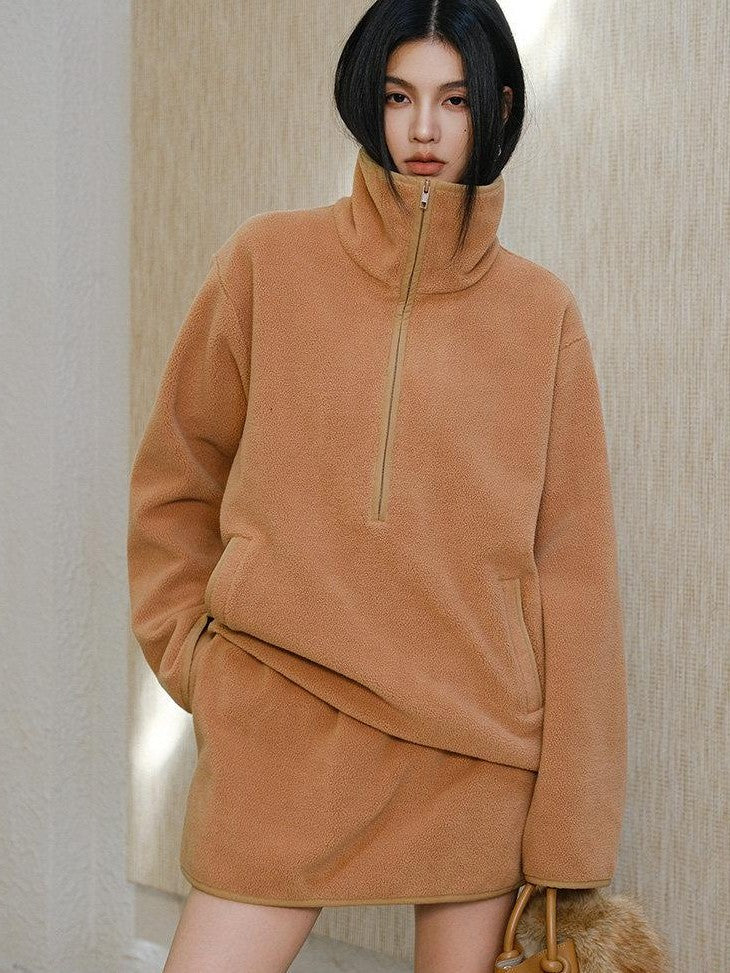 FU FRESH UP Sherpa Fleece High Neck Half Zip High Waist Women&