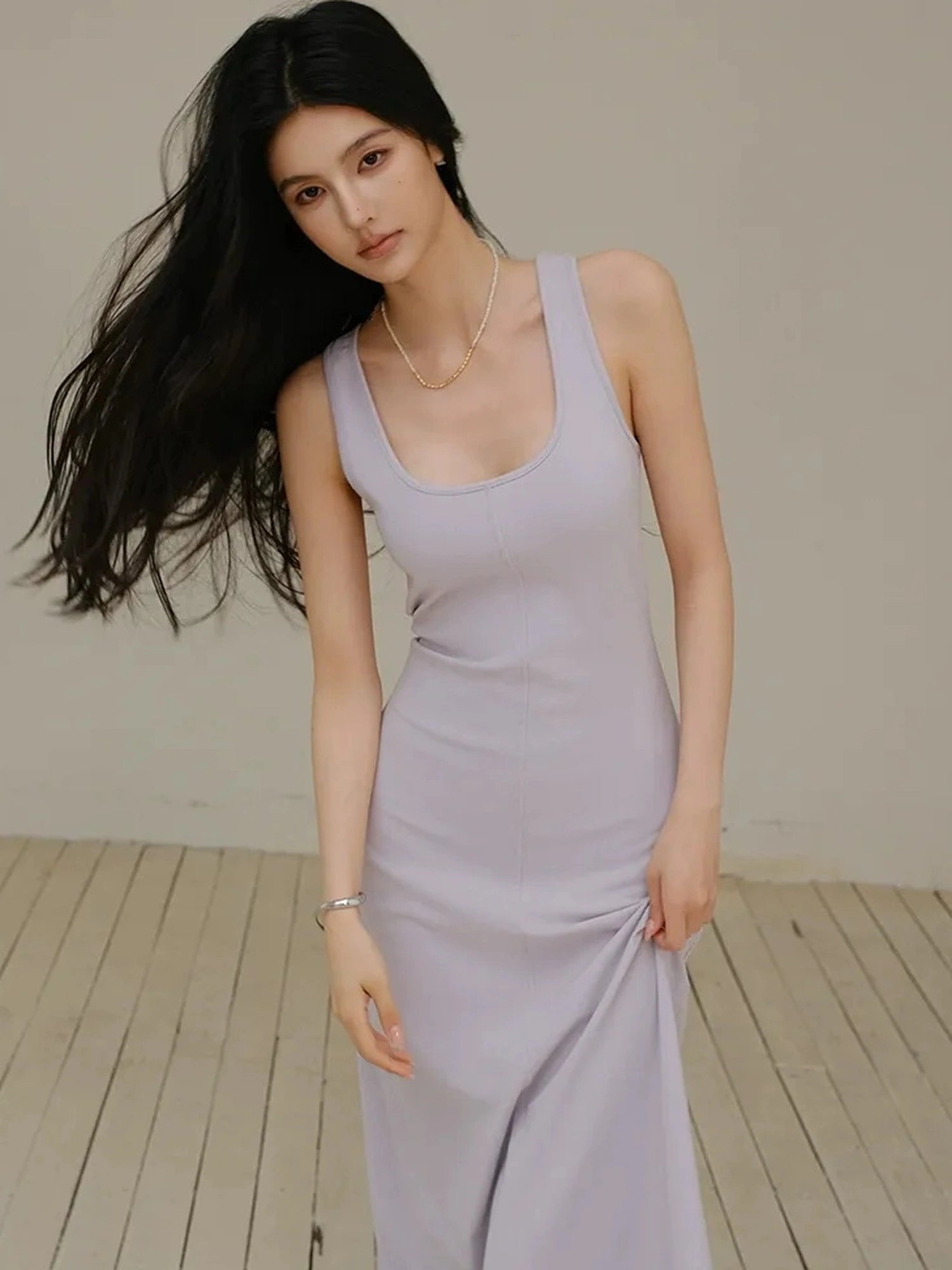 FU FRESH UP Slim U Neck Ribbed Slip Maxi Dress