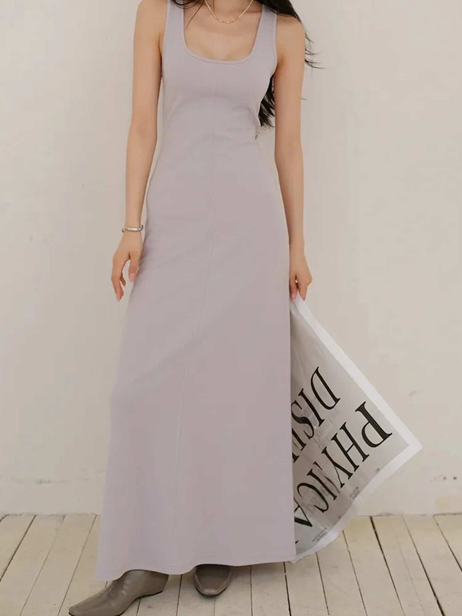 FU FRESH UP Slim U Neck Ribbed Slip Maxi Dress