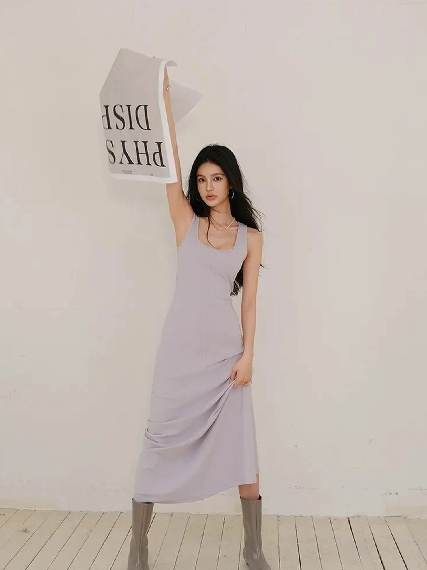 FU FRESH UP Slim U Neck Ribbed Slip Maxi Dress