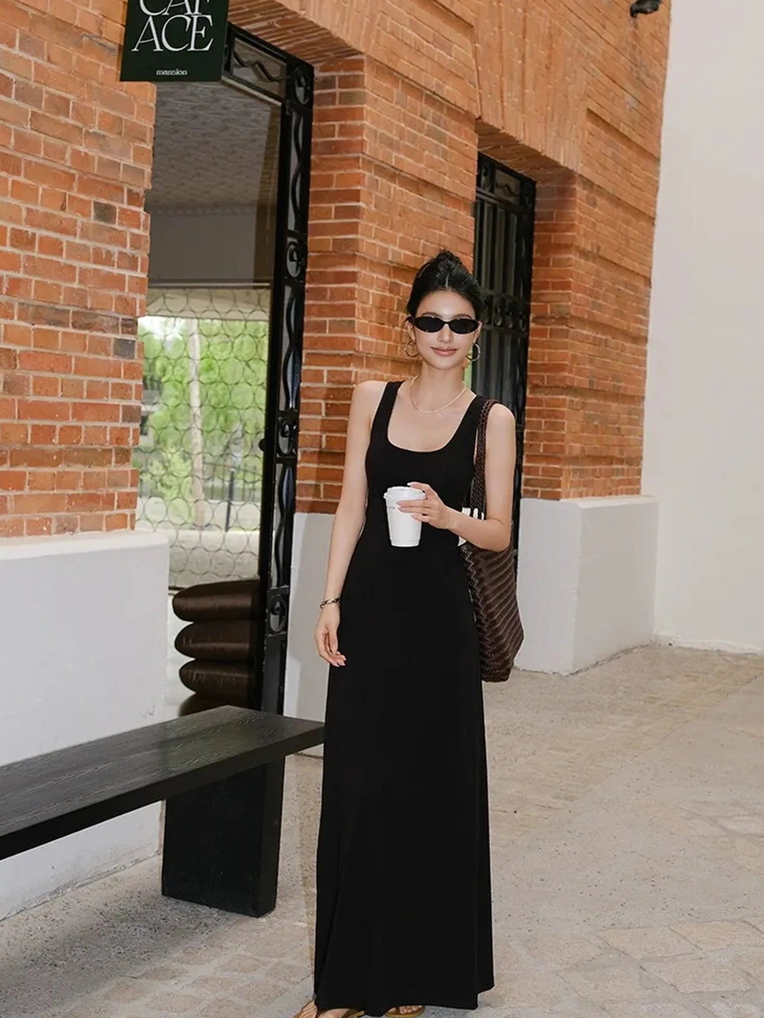 FU FRESH UP Slim U Neck Ribbed Slip Maxi Dress